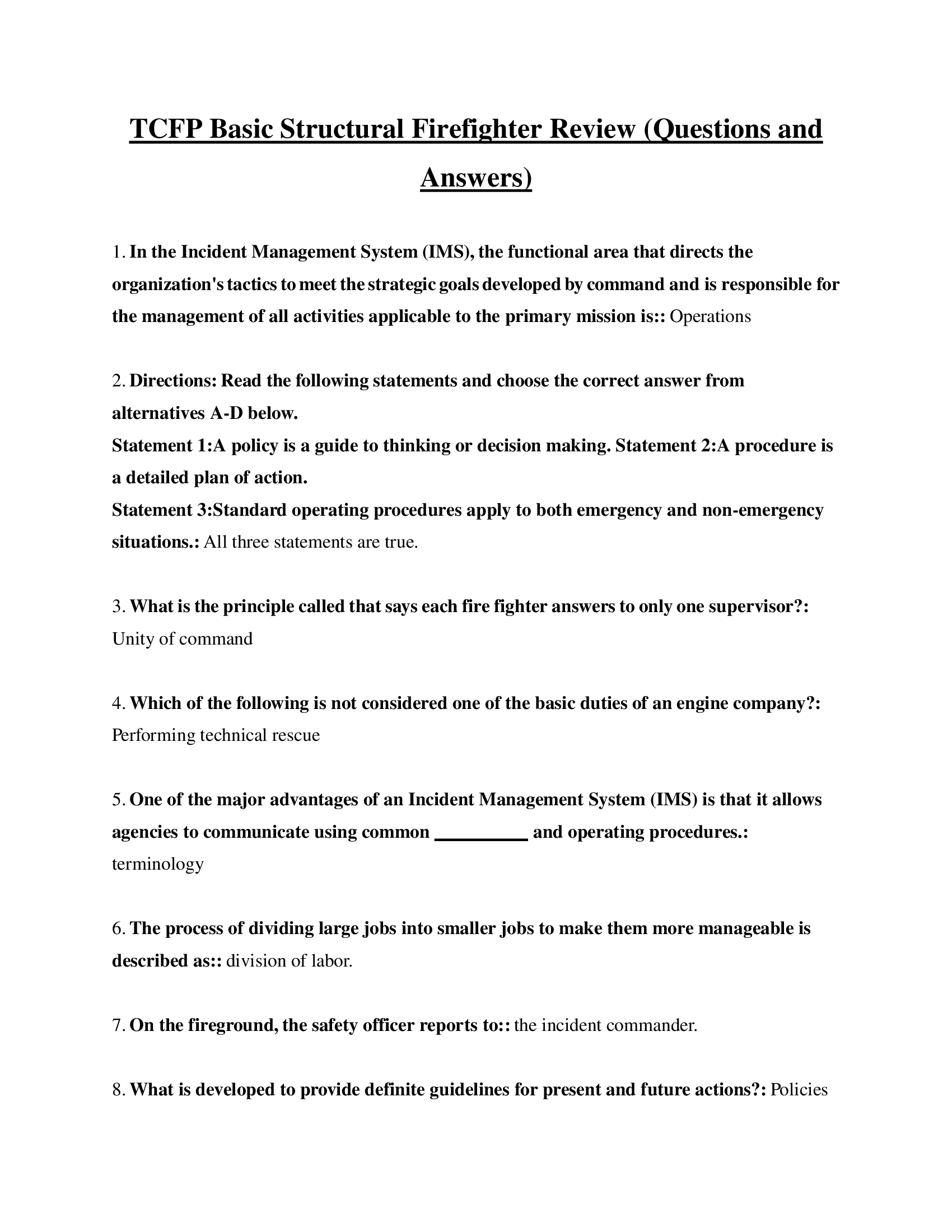 TCFP Basic Structural Firefighter Review (Questions and Answers)