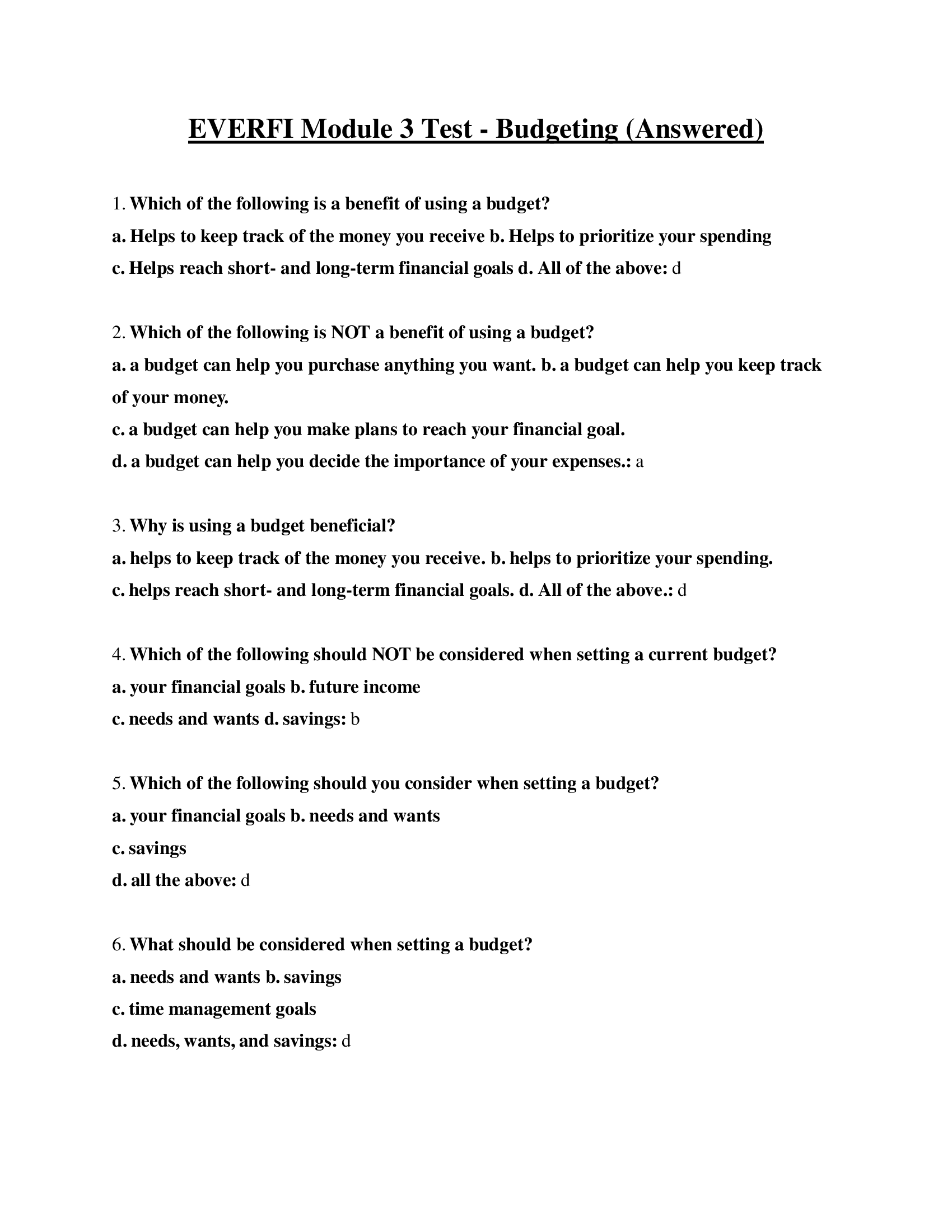 EVERFI Module 3 Test - Budgeting (Answered)