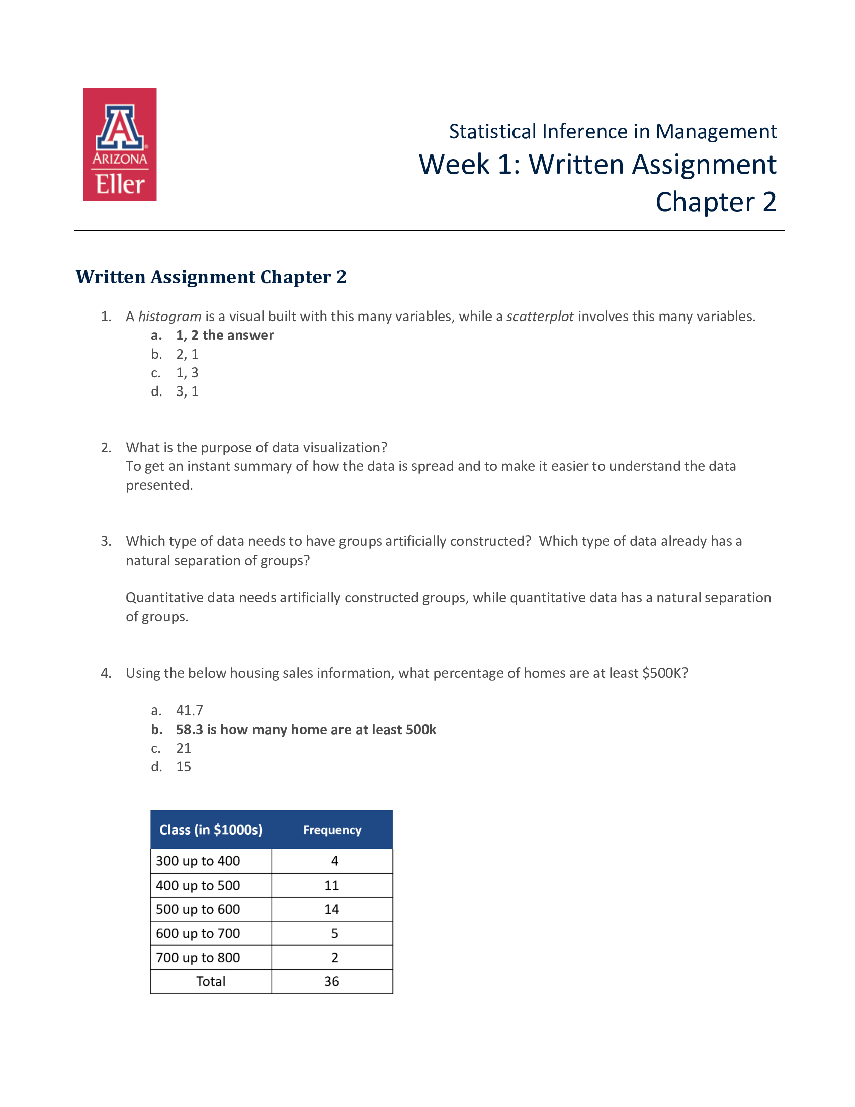 BNAD 276 Chapter 2 Written Assignment 2024  University of Arizona