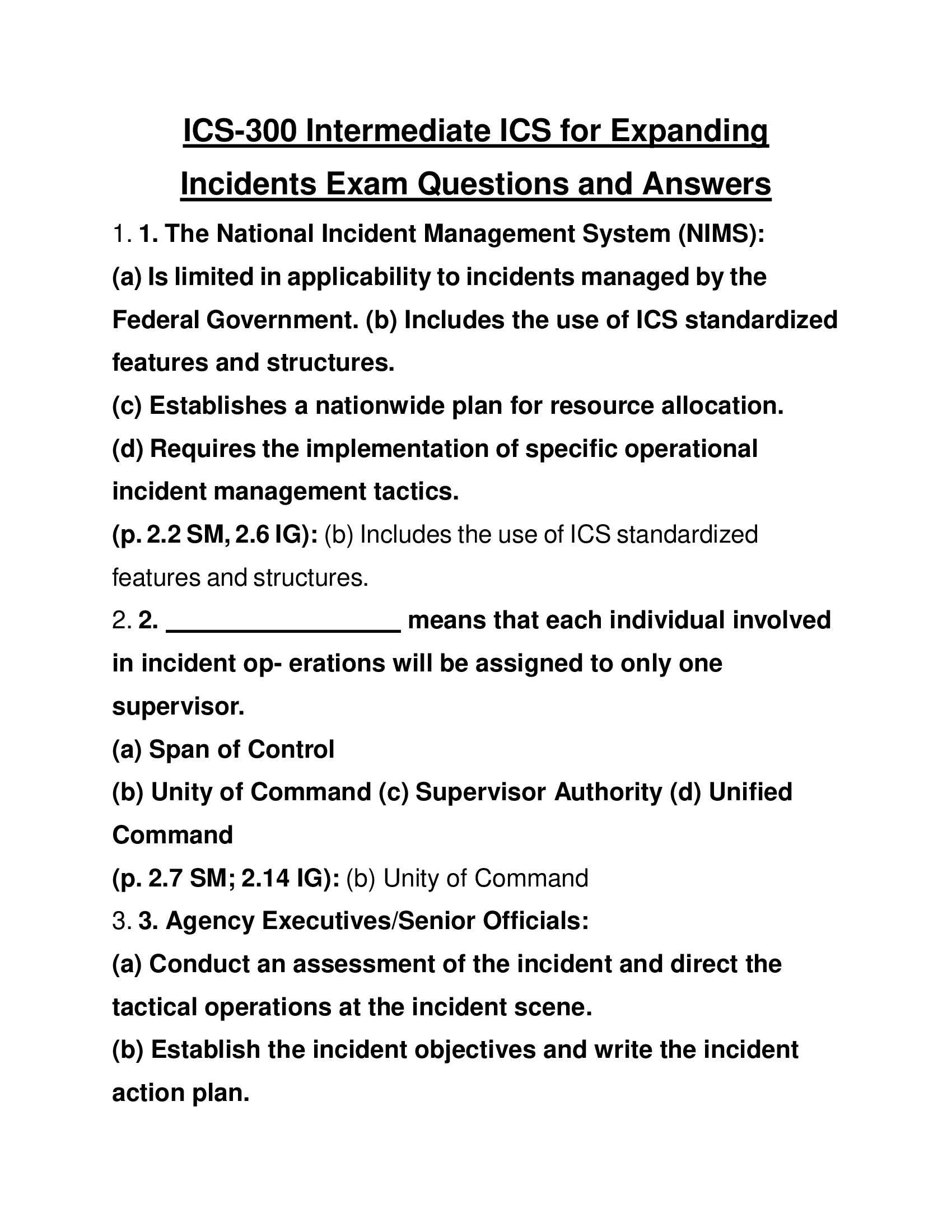 ICS-300 Intermediate ICS for Expanding Incidents Exam Questions and Answers 2024