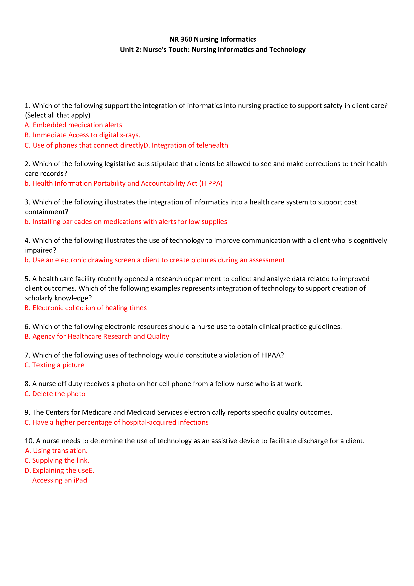 NR 360 Nursing Informatics Unit 2 Nurses Touch Nursing informatics and Technology