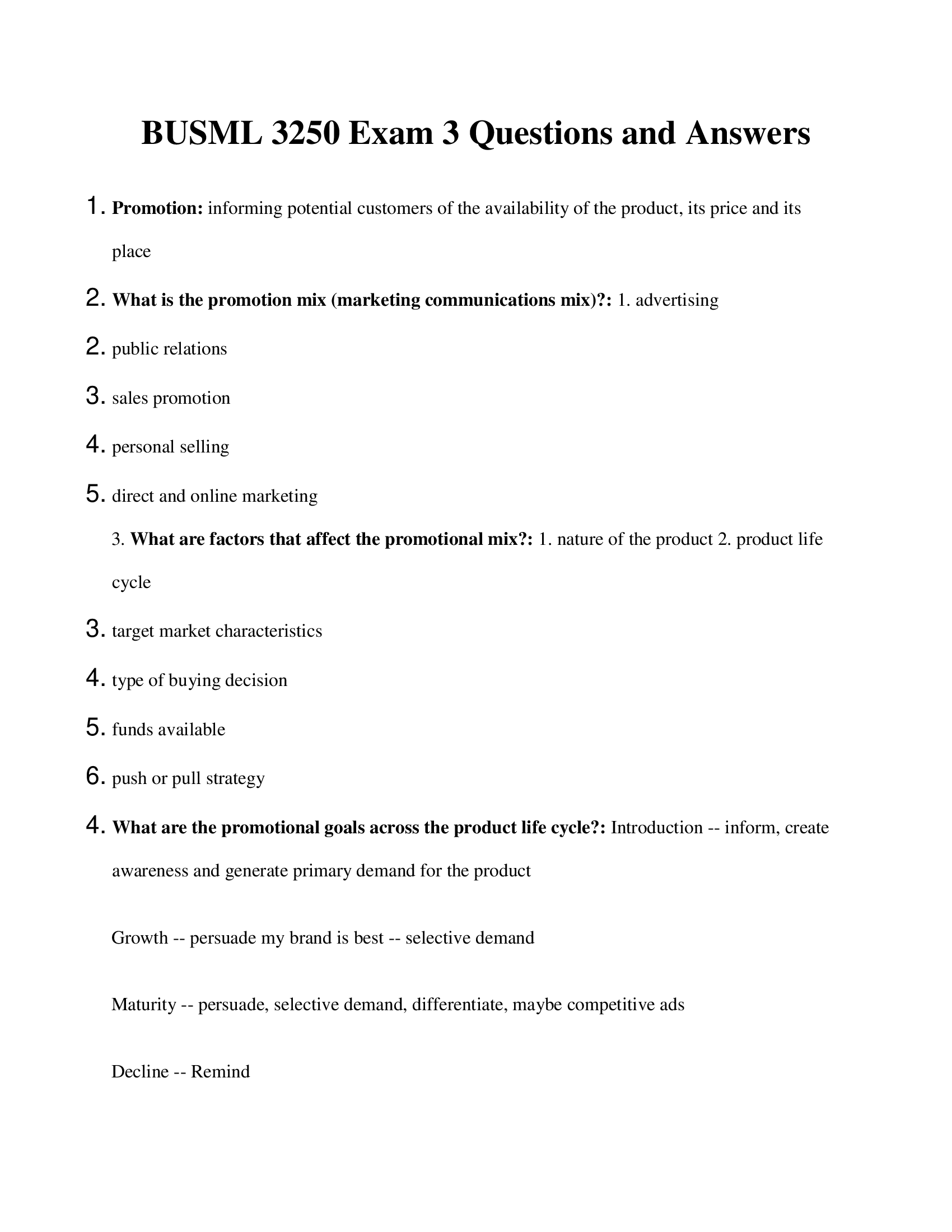 BUSML 3250 Exam 3 Questions and Answers 2023