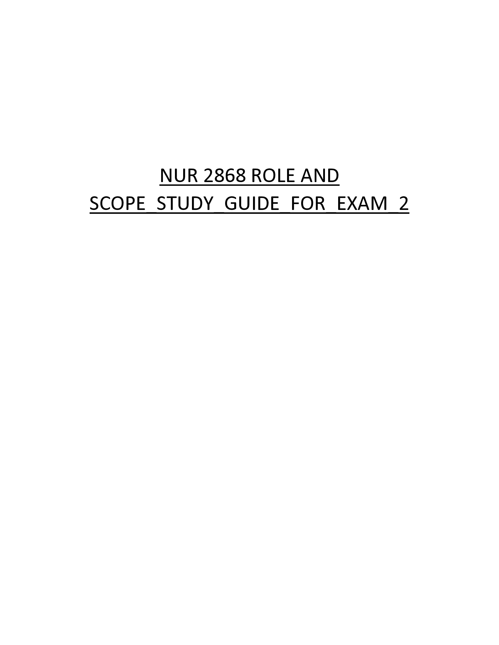 NUR 2868 ROLE AND SCOPE STUDY GUIDE FOR EXAM 2