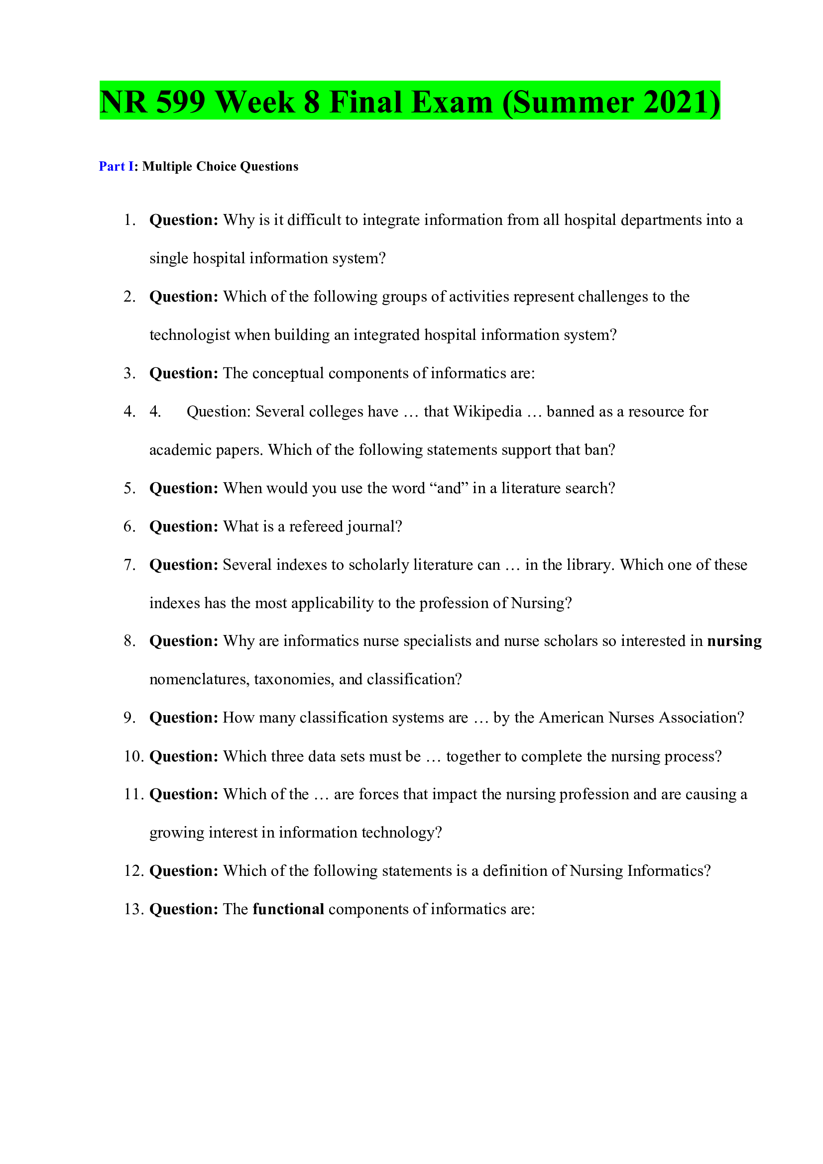 NR 599 Week 8 Final Exam (Summer 2021)