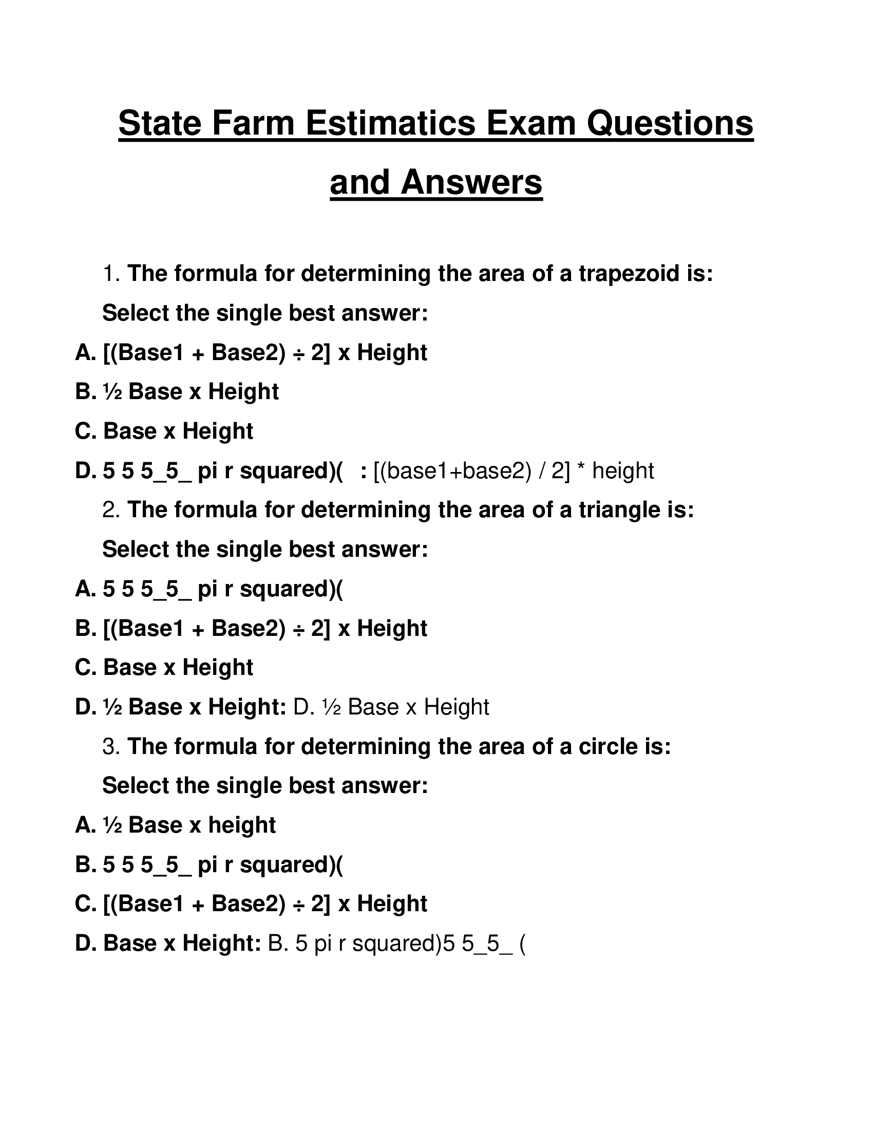 State Farm Estimatics Exam Questions and Answers