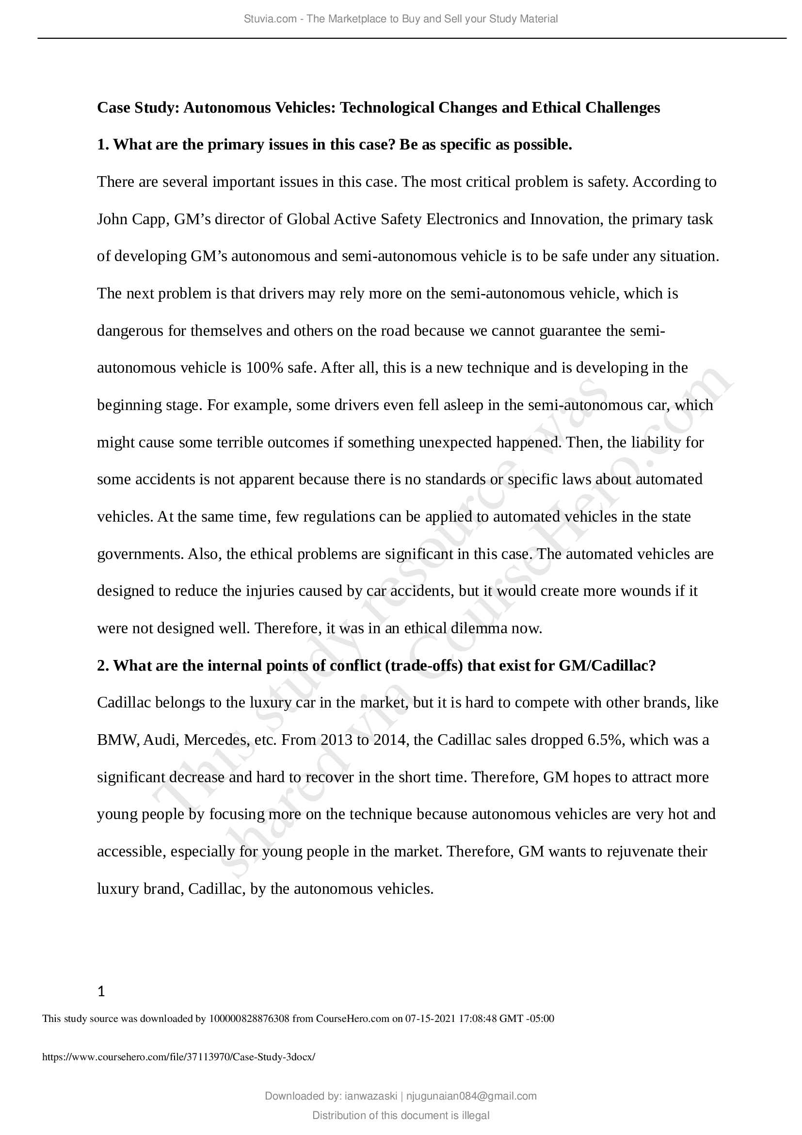 Case Study: Autonomous Vehicles Technological Changes and Ethical Challenges