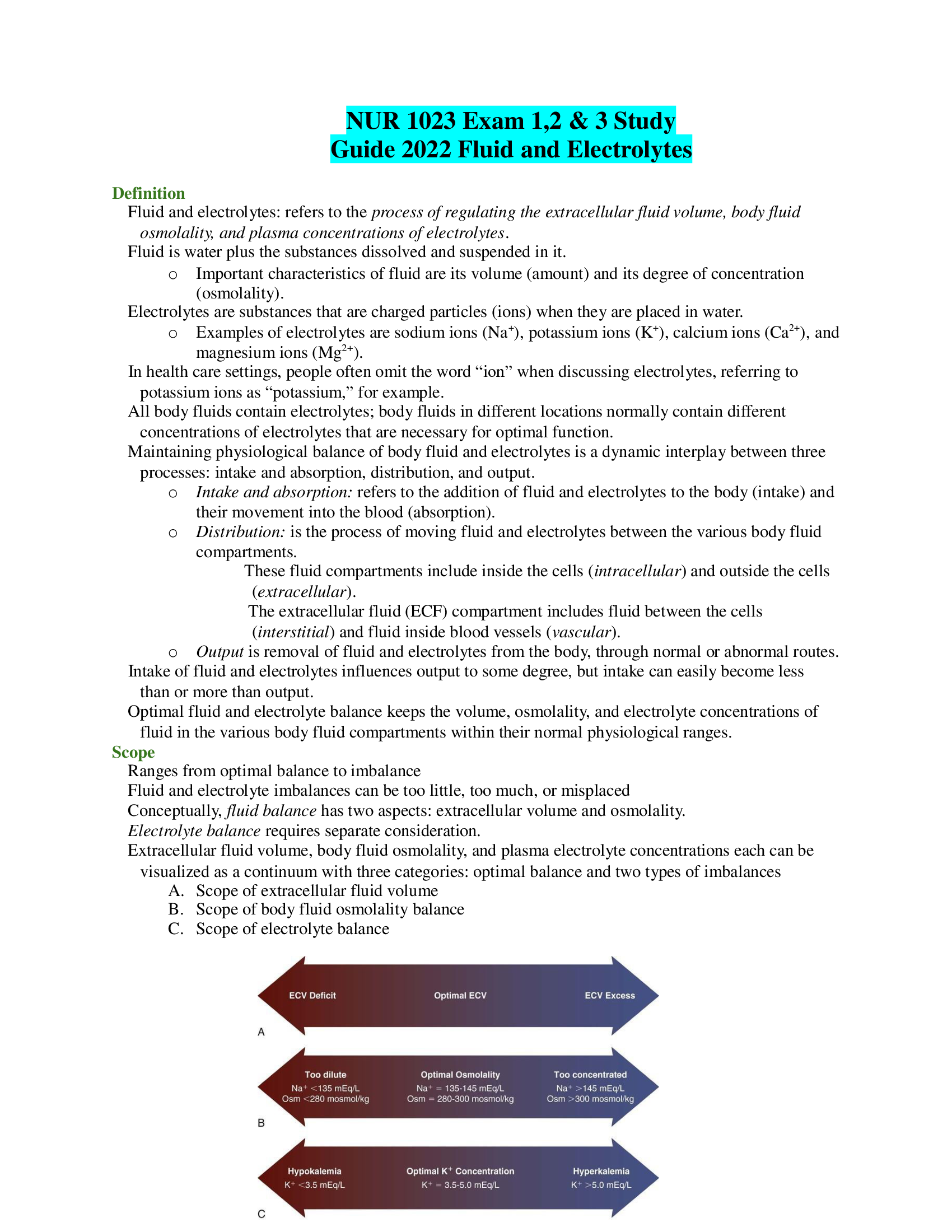 NUR 1023 Exam 1,2 & 3 Study Guide 2022 Fluid and Electrolytes