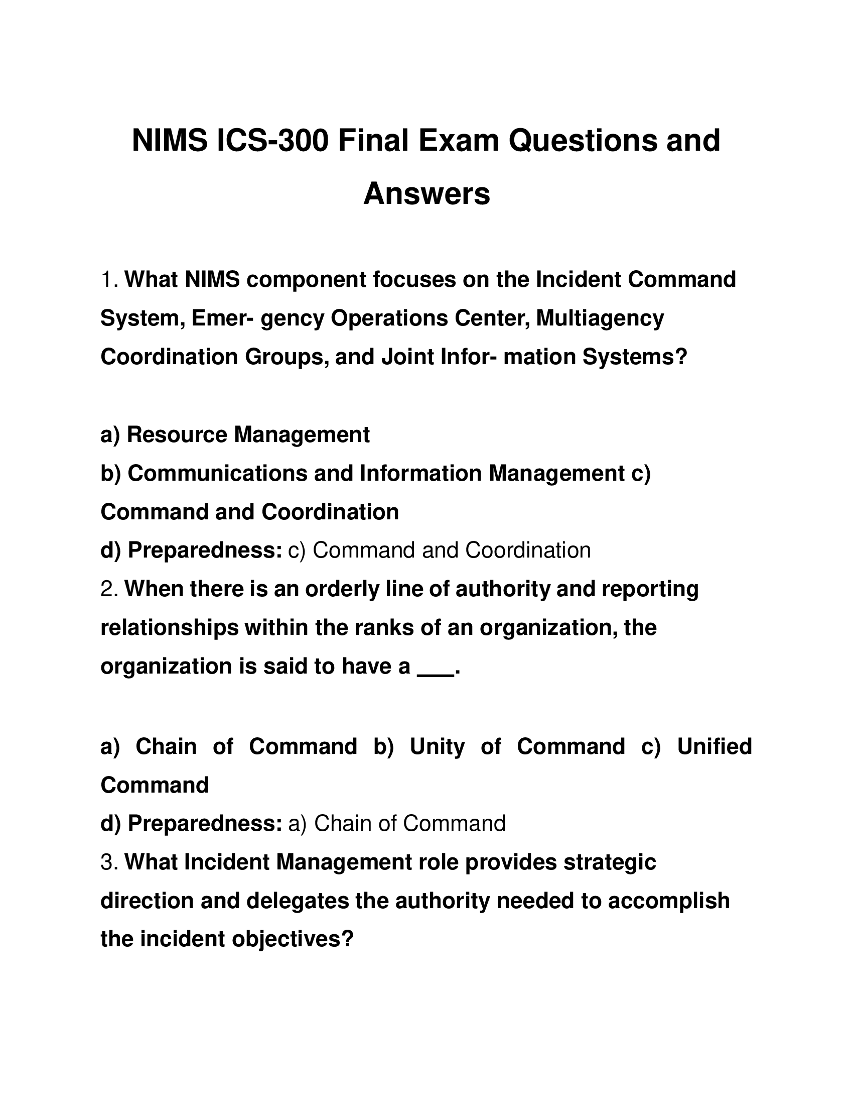 NIMS ICS-300 Final Exam Questions and Answers 2024