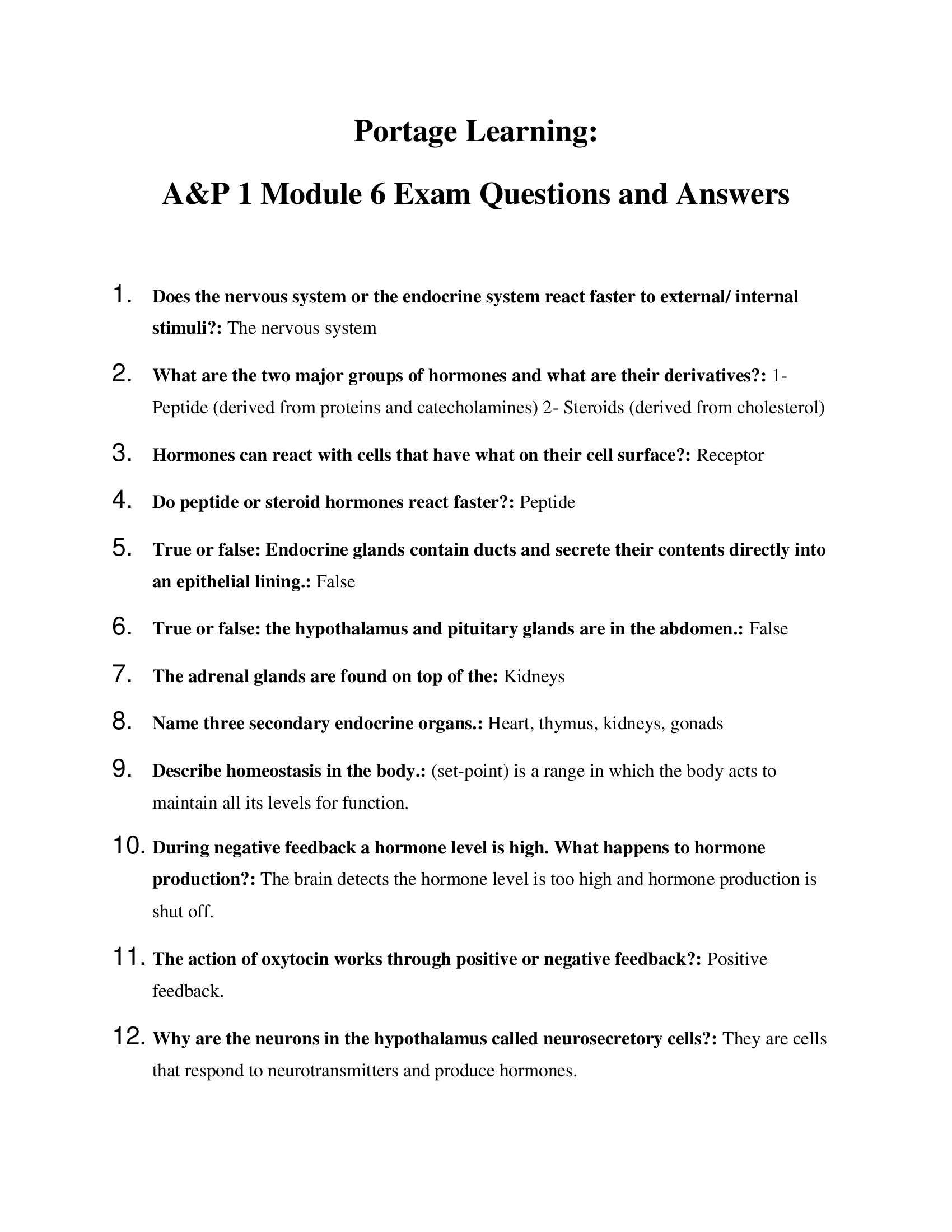 Portage Learning, A&P 1 Module 6 Exam Questions and Answers 2022