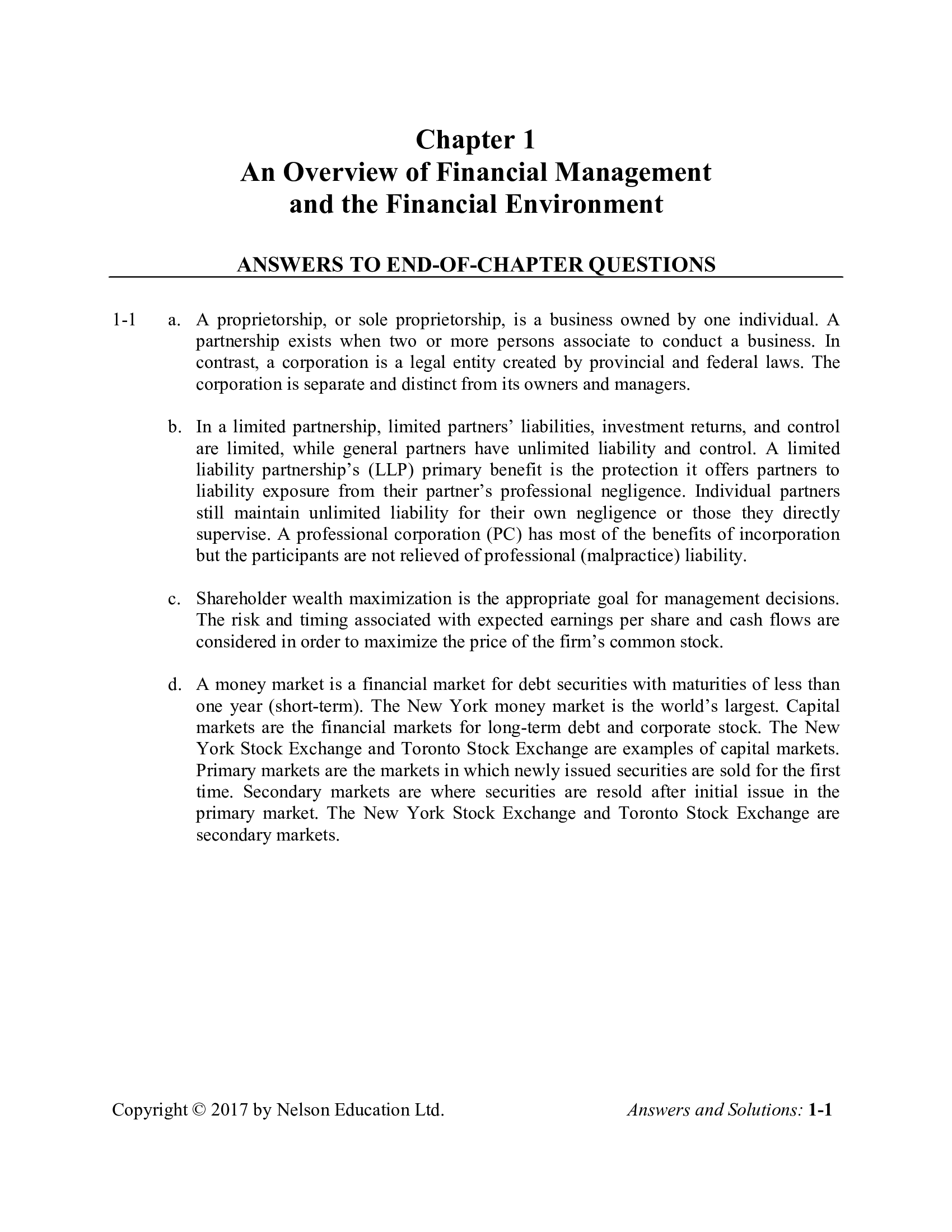 Solution Manual For Financial Management; Theory And Practice Third Canadian Edition