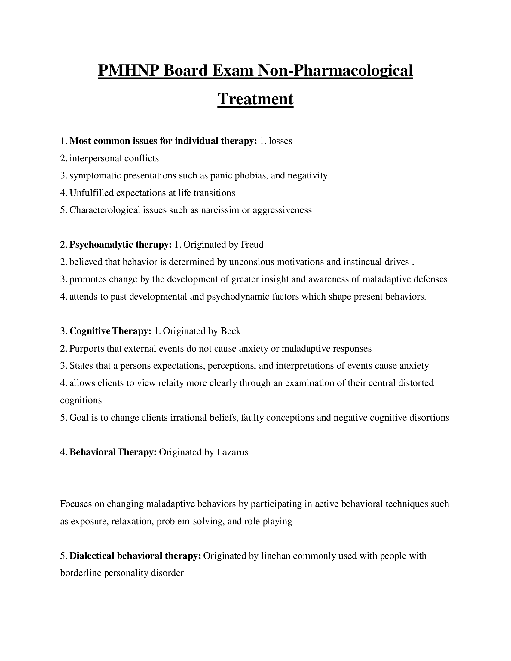 PMHNP board exam non-pharmacological treatment test questions and answers