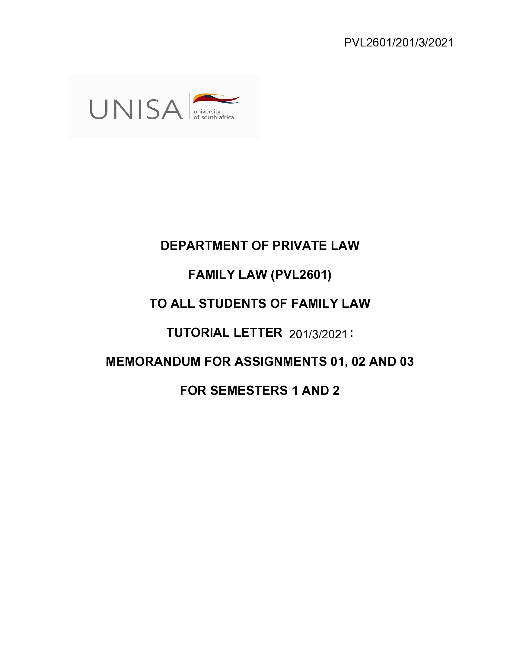 PVL2601 - Combined Tut201 Family Law 2026