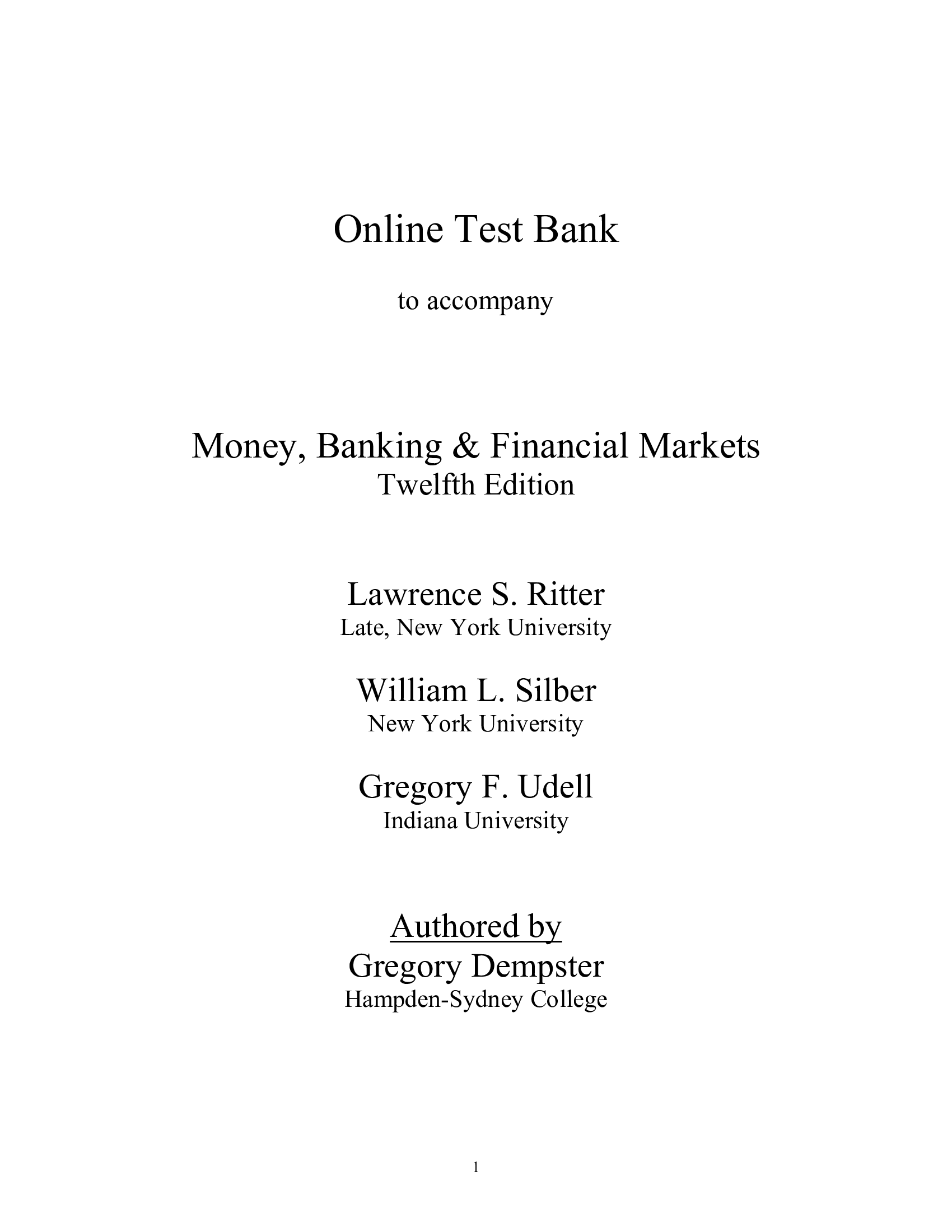 Test Bank Principles Of Money Banking & Financial Markets Ritter 12th Edition