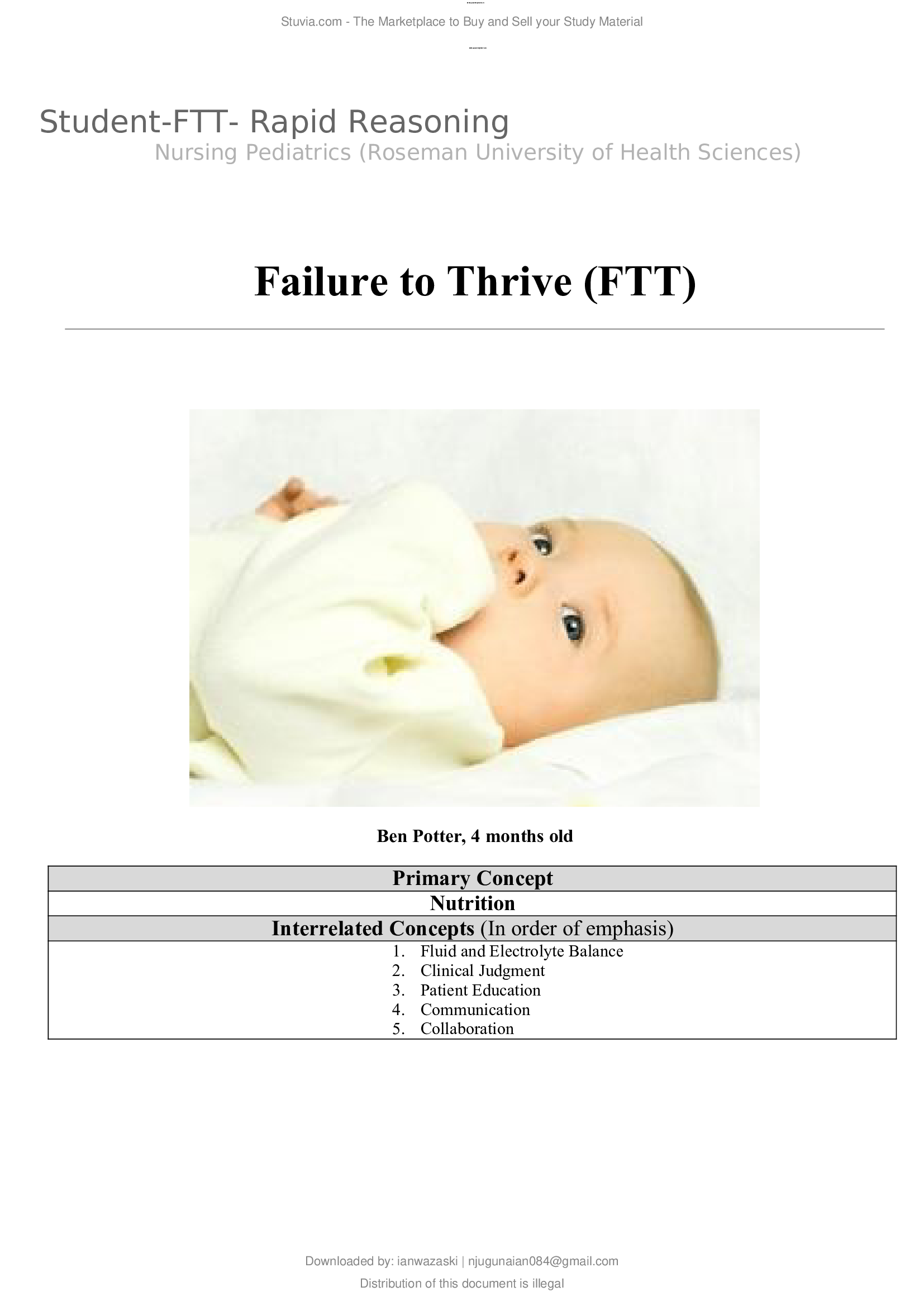 Student-FTT- Rapid Reasoning Nursing Pediatrics (Roseman University of Health Sciences) Failure to Thrive (FTT)