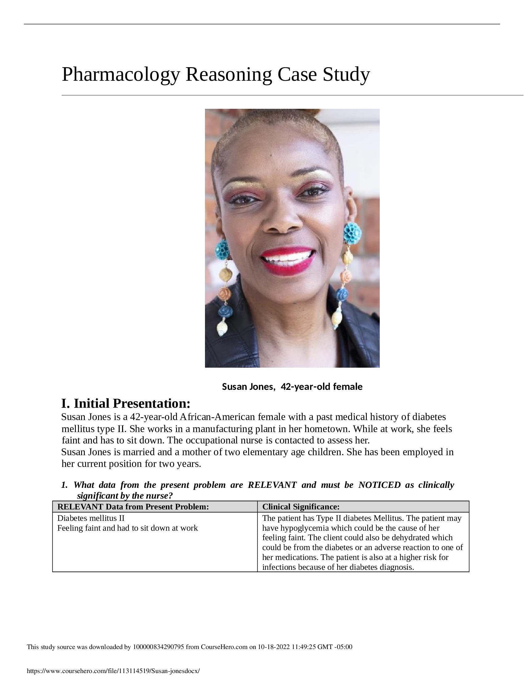 Susan Jones, 42-year-old female Pharmacology reasoning case study