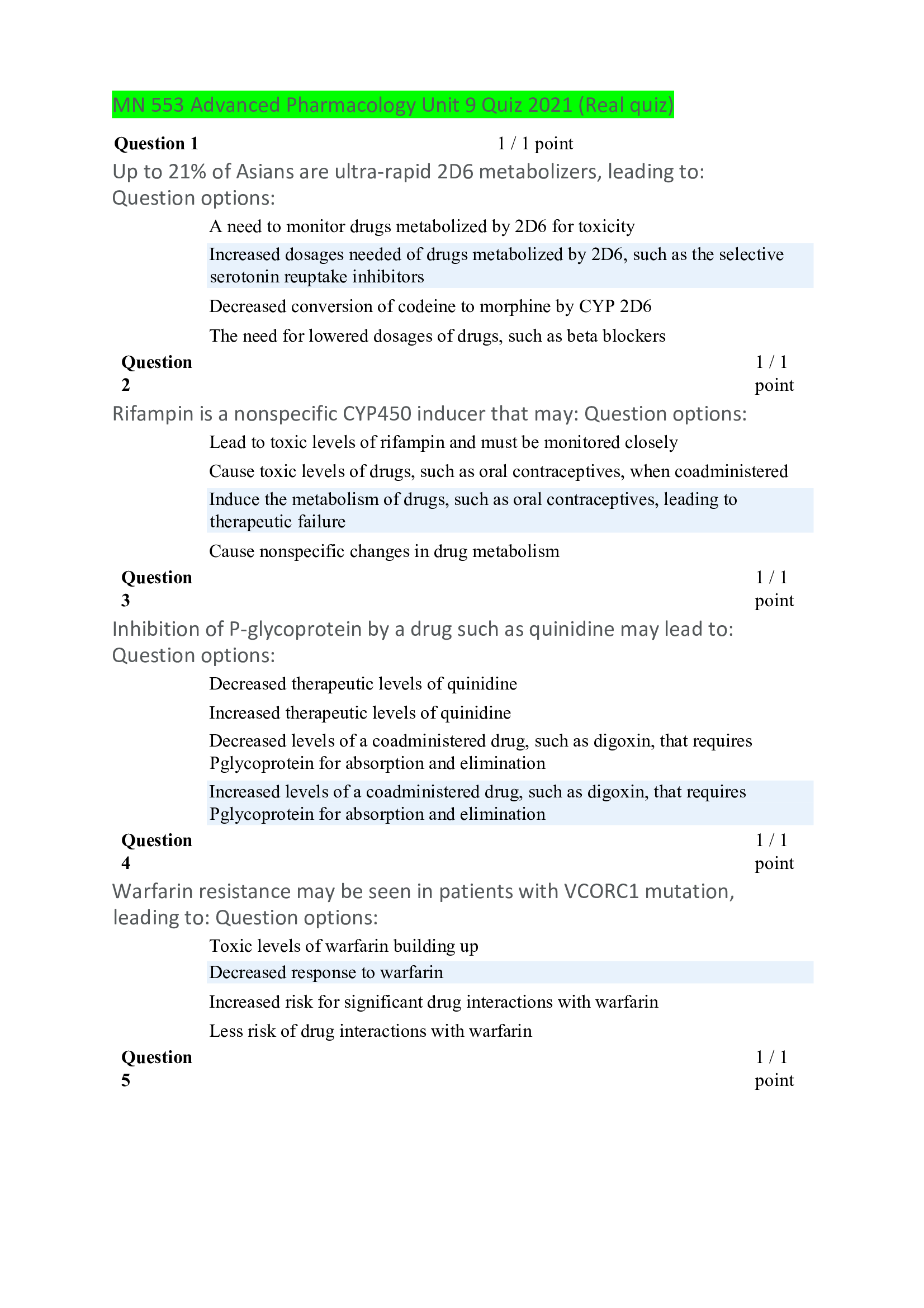 MN 553 Advanced Pharmacology Unit 9 Quiz 2021 (Real quiz)