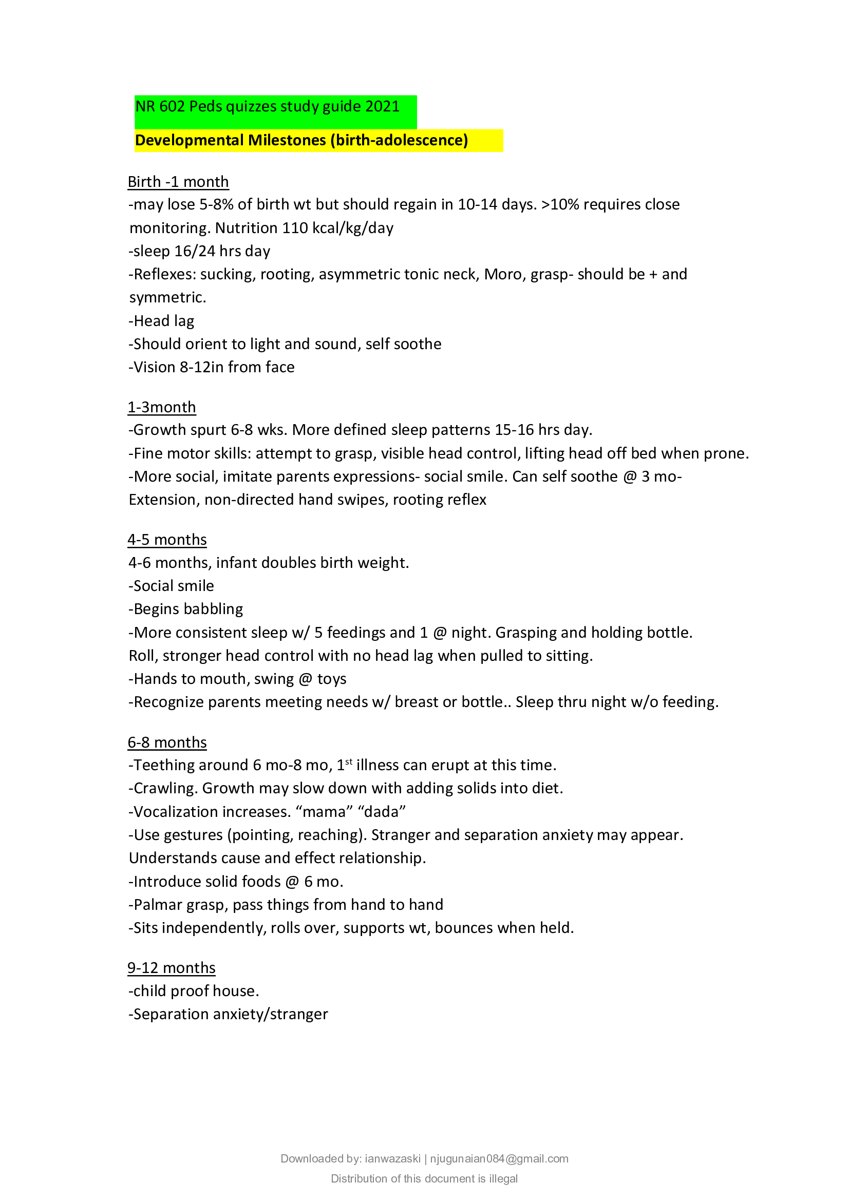 NR 602 Peds quizzes study guide 2021