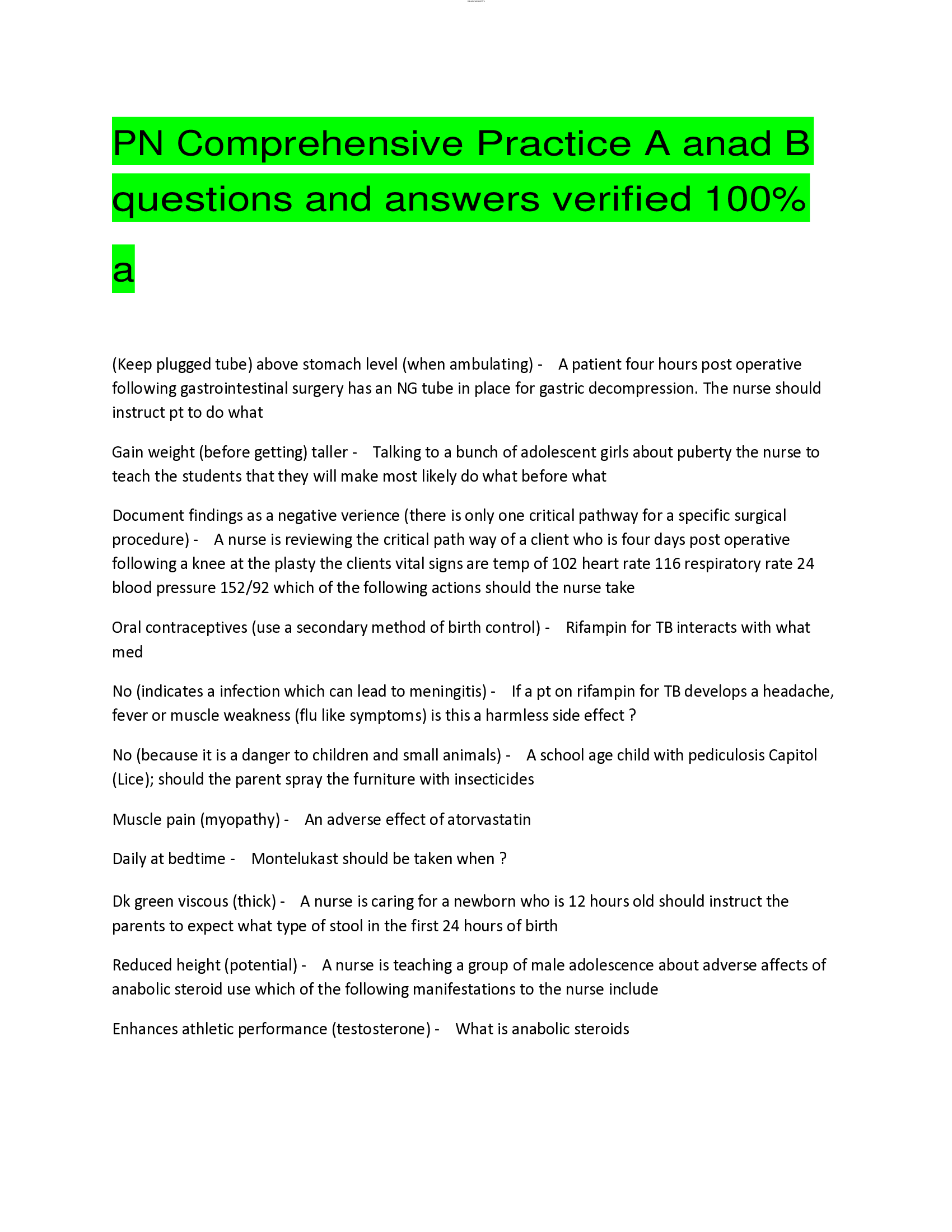 PN Comprehensive Practice A anad B Verified questions and answers 2024