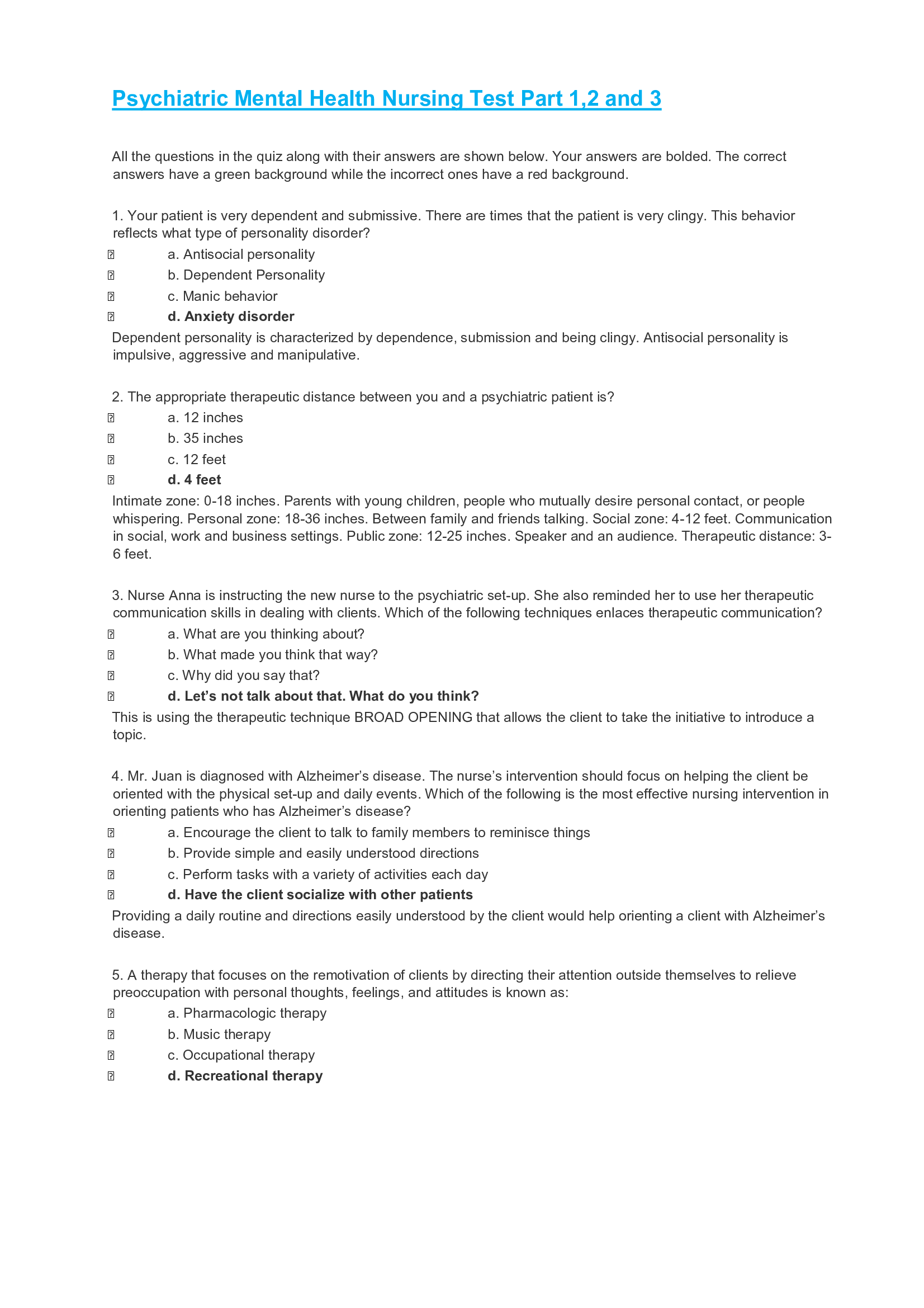 Psychiatric Mental Health Nursing Test Part 1,2 and 3 questions and answers