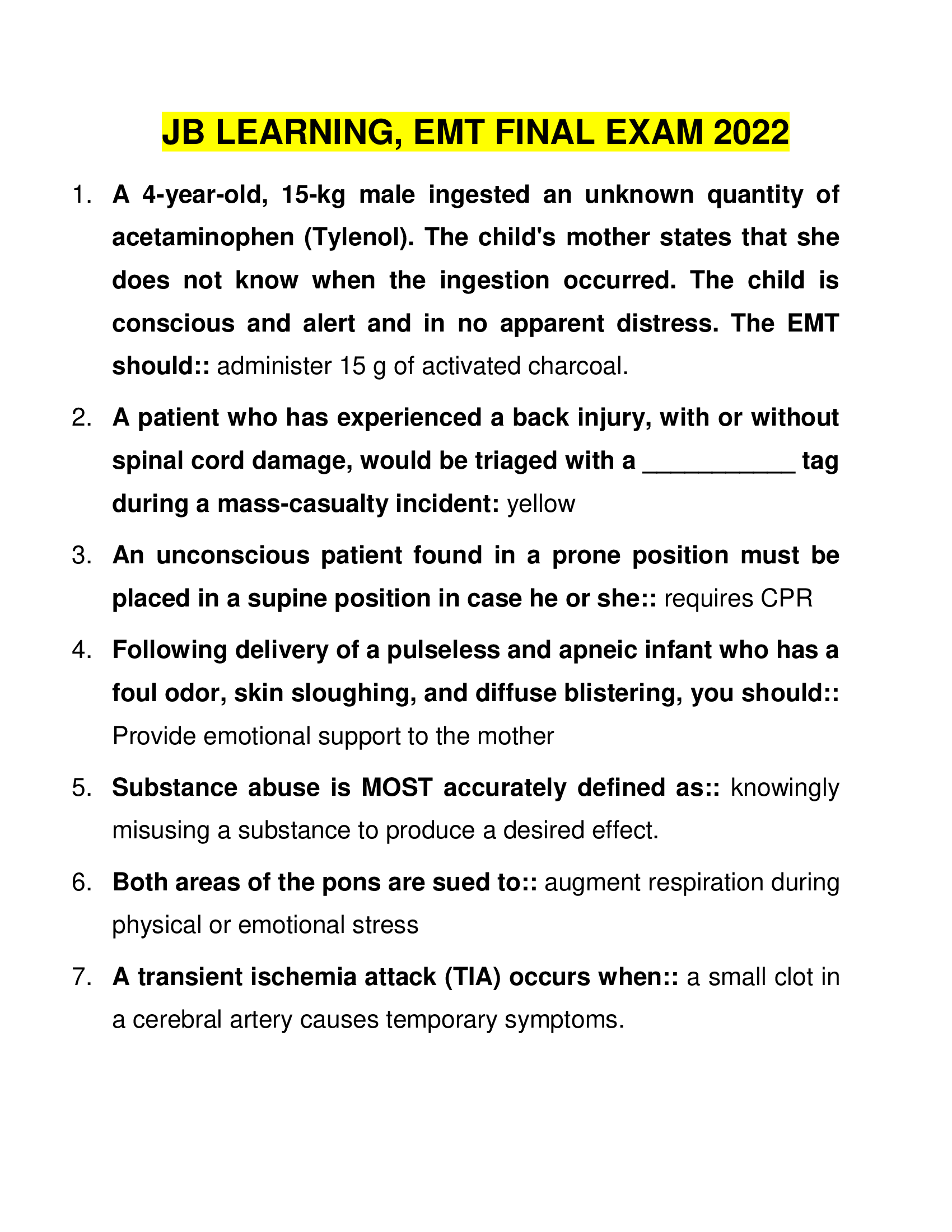 JB LEARNING, EMT FINAL EXAM 2022