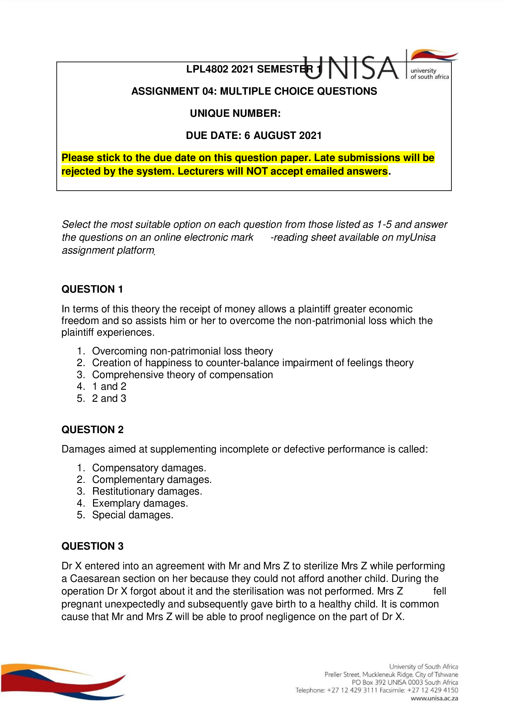 LPL 4802 LAW OF DAMAGES 2021 ASSIGNMENT 4 WITH REFERENCES BOTH SEMESTERS 100 PASS