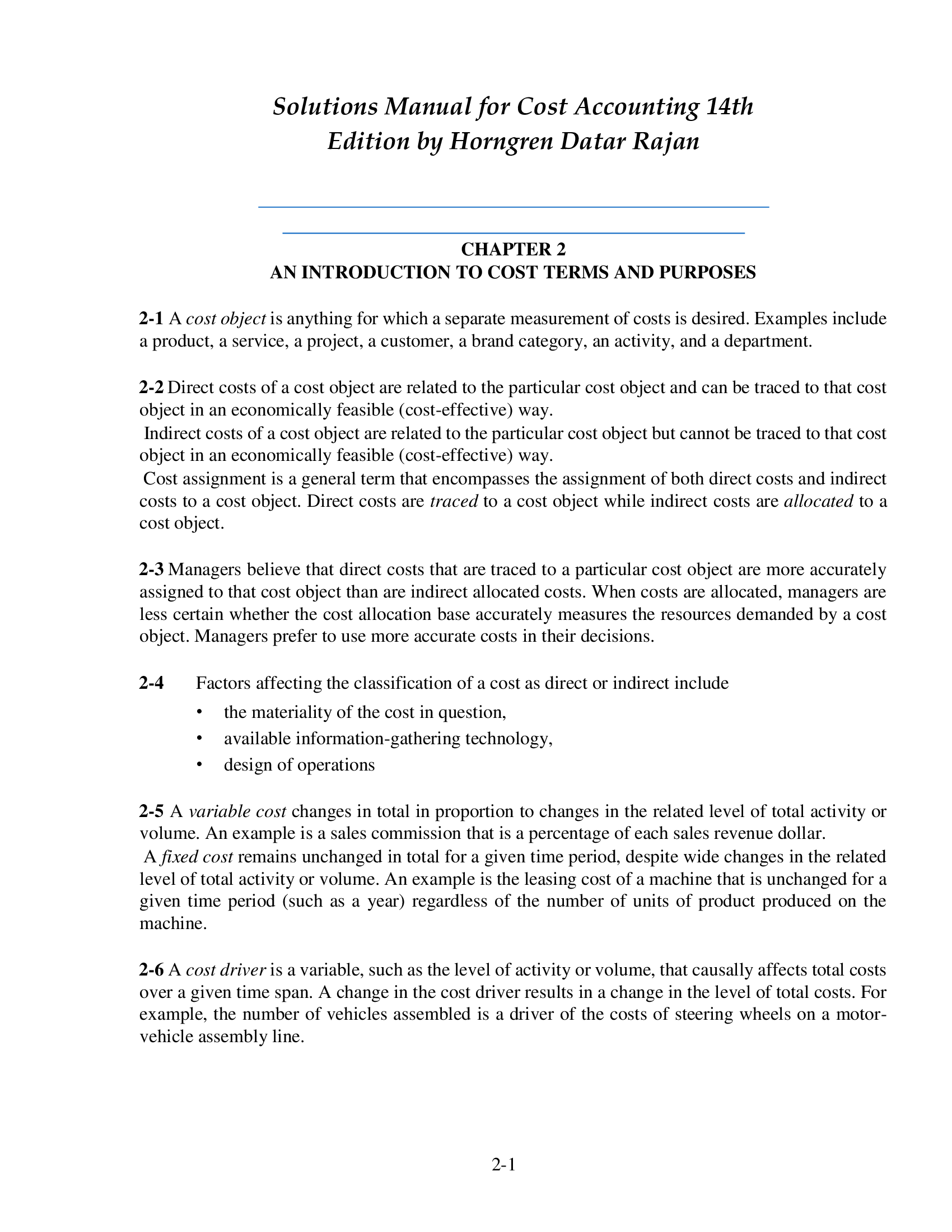 Solution Manual For Cost Accounting, 14th Edition, By Charles T. Horngren Srikant M. Datar Madhav Rajan