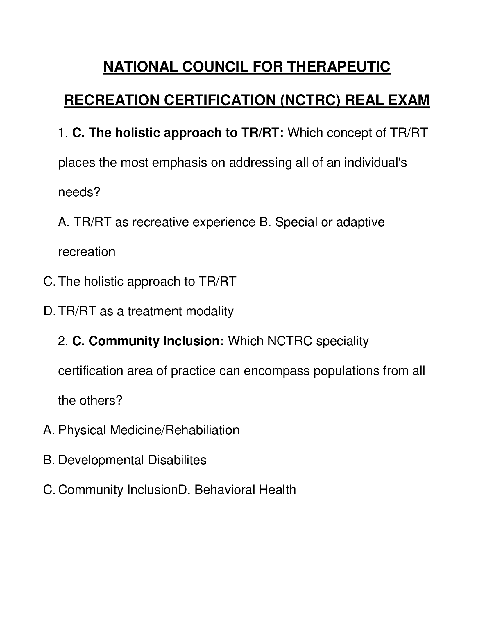 National Council For Therapeutic Recreation Certification (NCTRC) Real Exam 2023