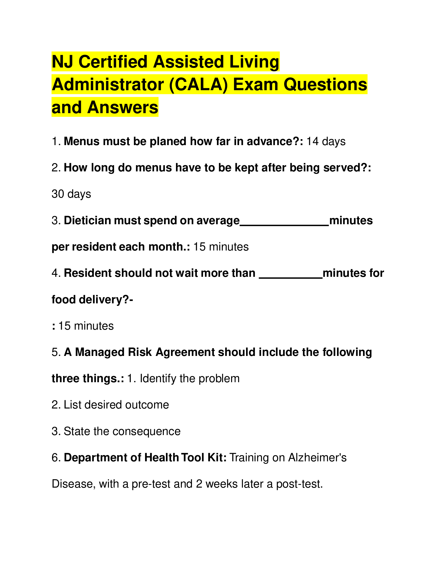 NJ Certified Assisted Living Administrator (CALA) Exam Questions and Answers