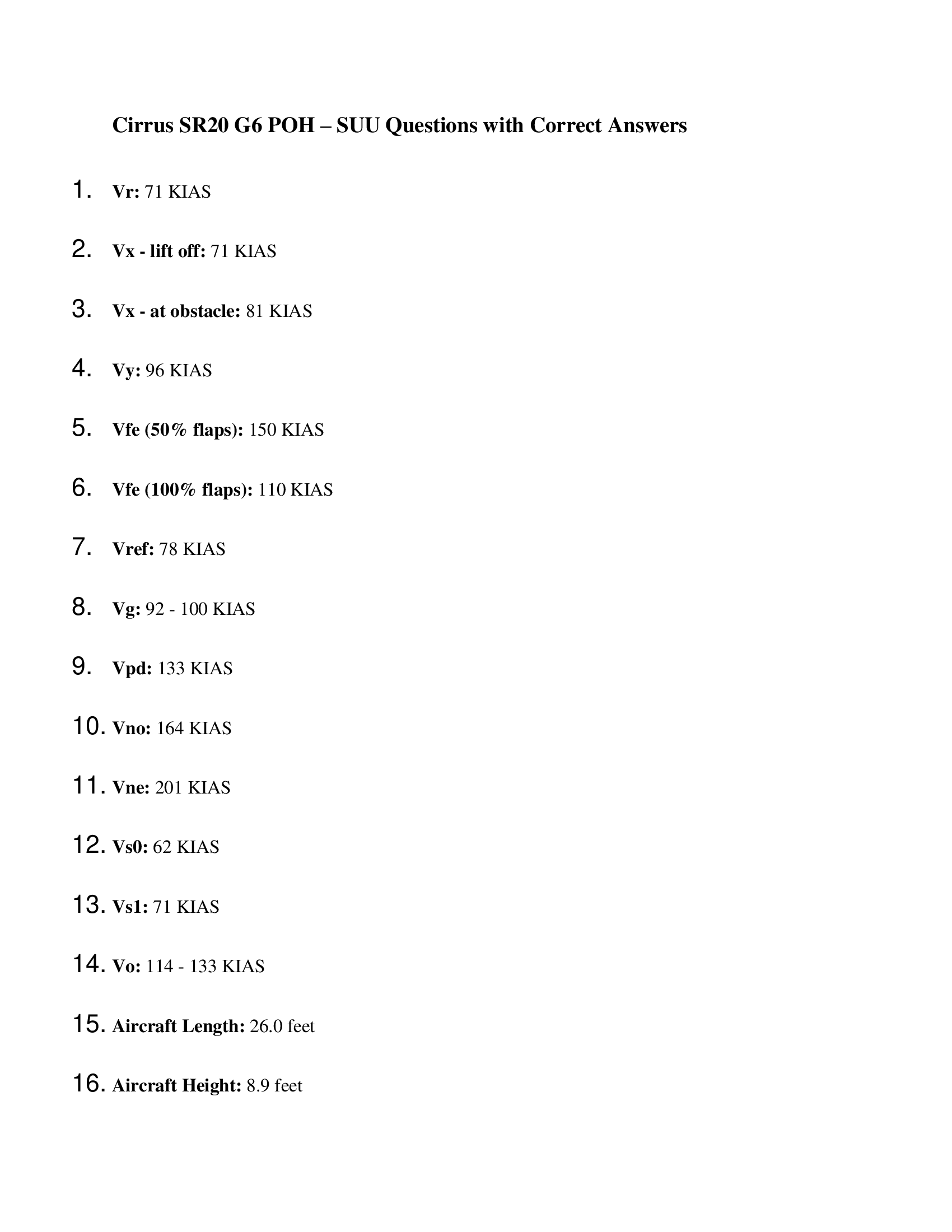 Cirrus SR20 G6 POH – SUU Questions with Correct Answers 2023