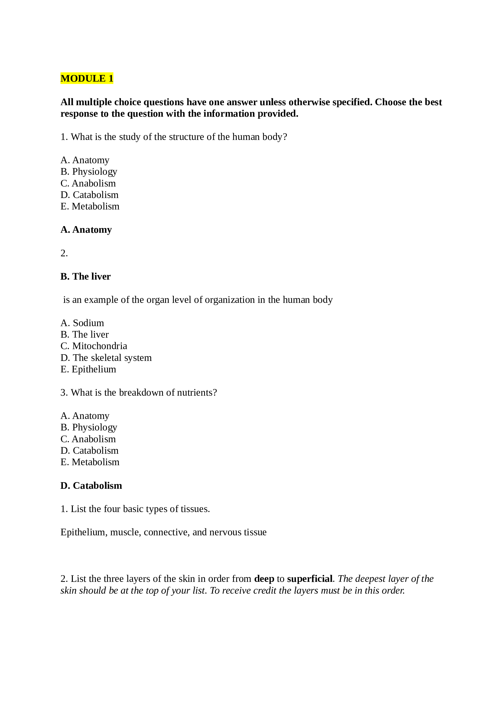 BIOD 151  Molue 1-7 All exams answer key with complete solution(Latest update 2022)