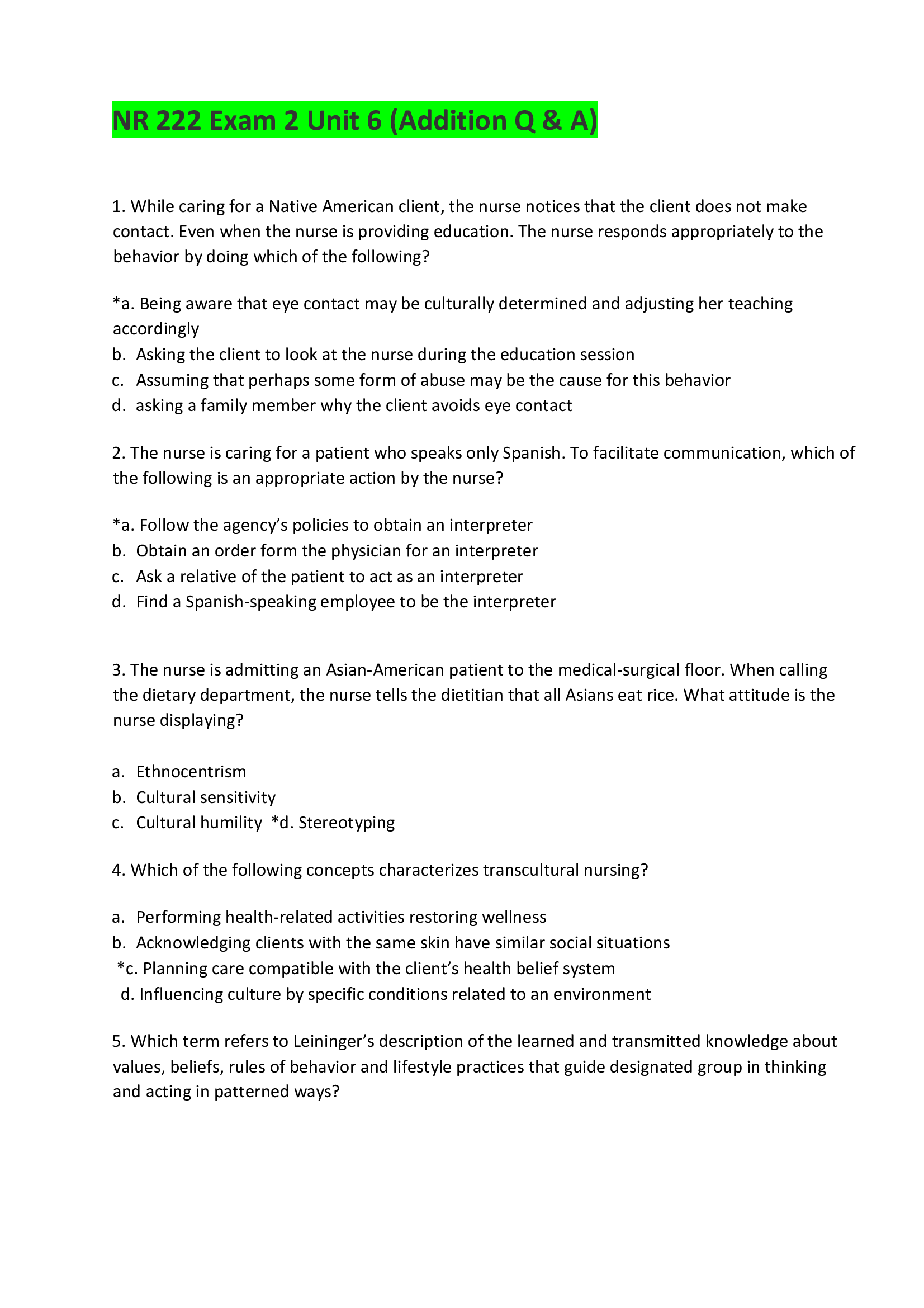 NR 222 Exam 2 Unit 6 (Addition Q & A) 2021