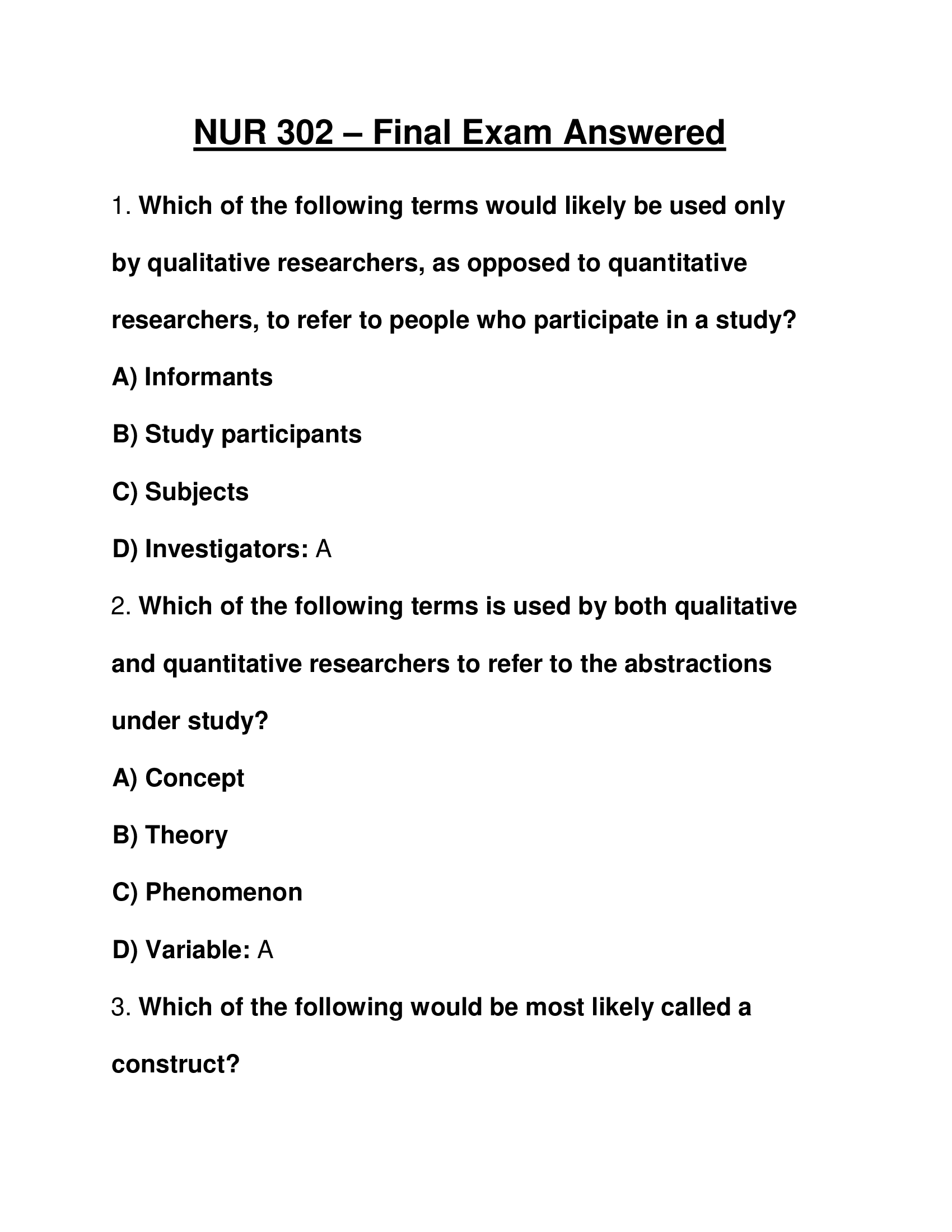NUR 302 – Final Exam Questions and Answers 2023
