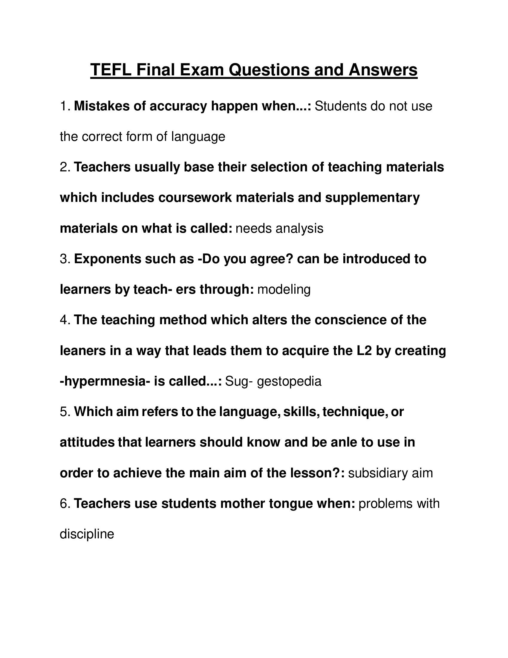 TEFL Final Exam Questions and Answers 2024