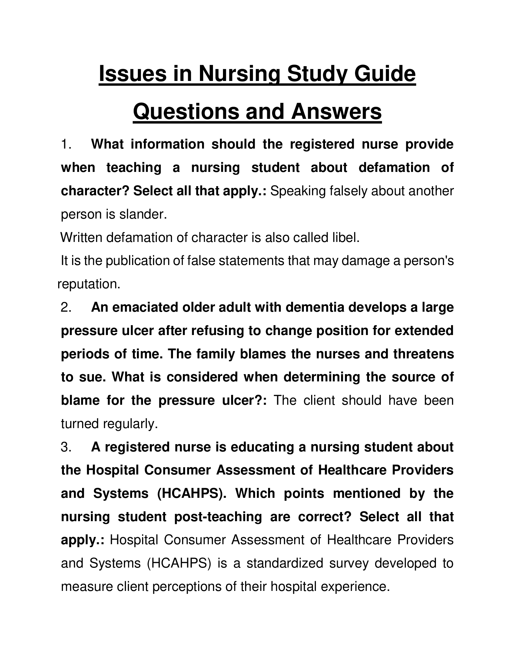 Issues in Nursing Study Guide 2023 Questions and Answers