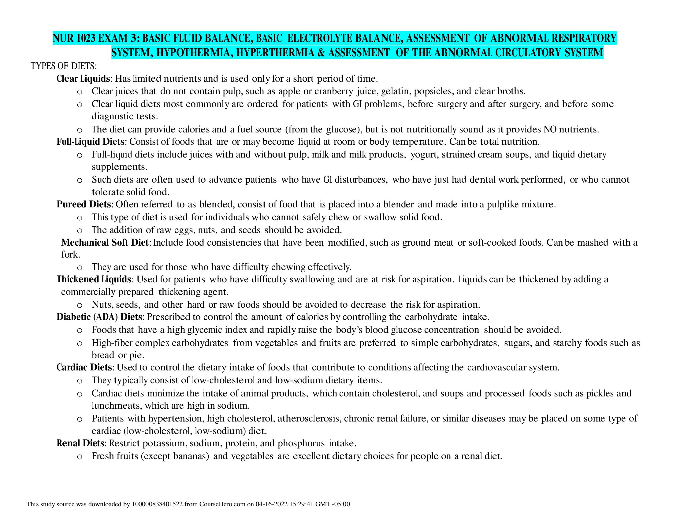 NUR 1023 Exam 3 Review BASIC FLUID BALANCE, BASIC ELECTROLYTE BALANCE