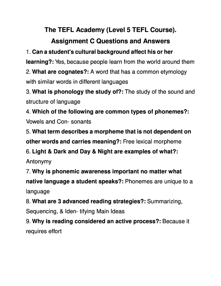 The TEFL Academy (Level 5 TEFL Course). Assignment C Questions and Answers