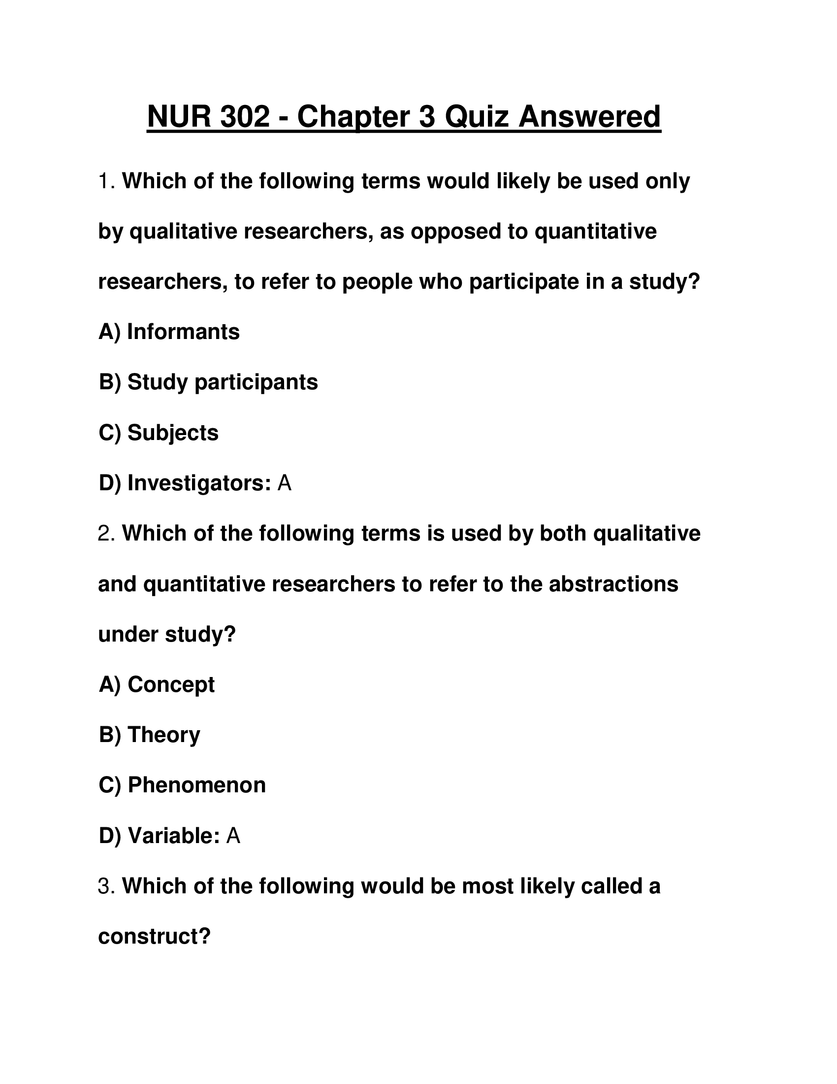 NUR 302 - Chapter 3 Quiz Answered