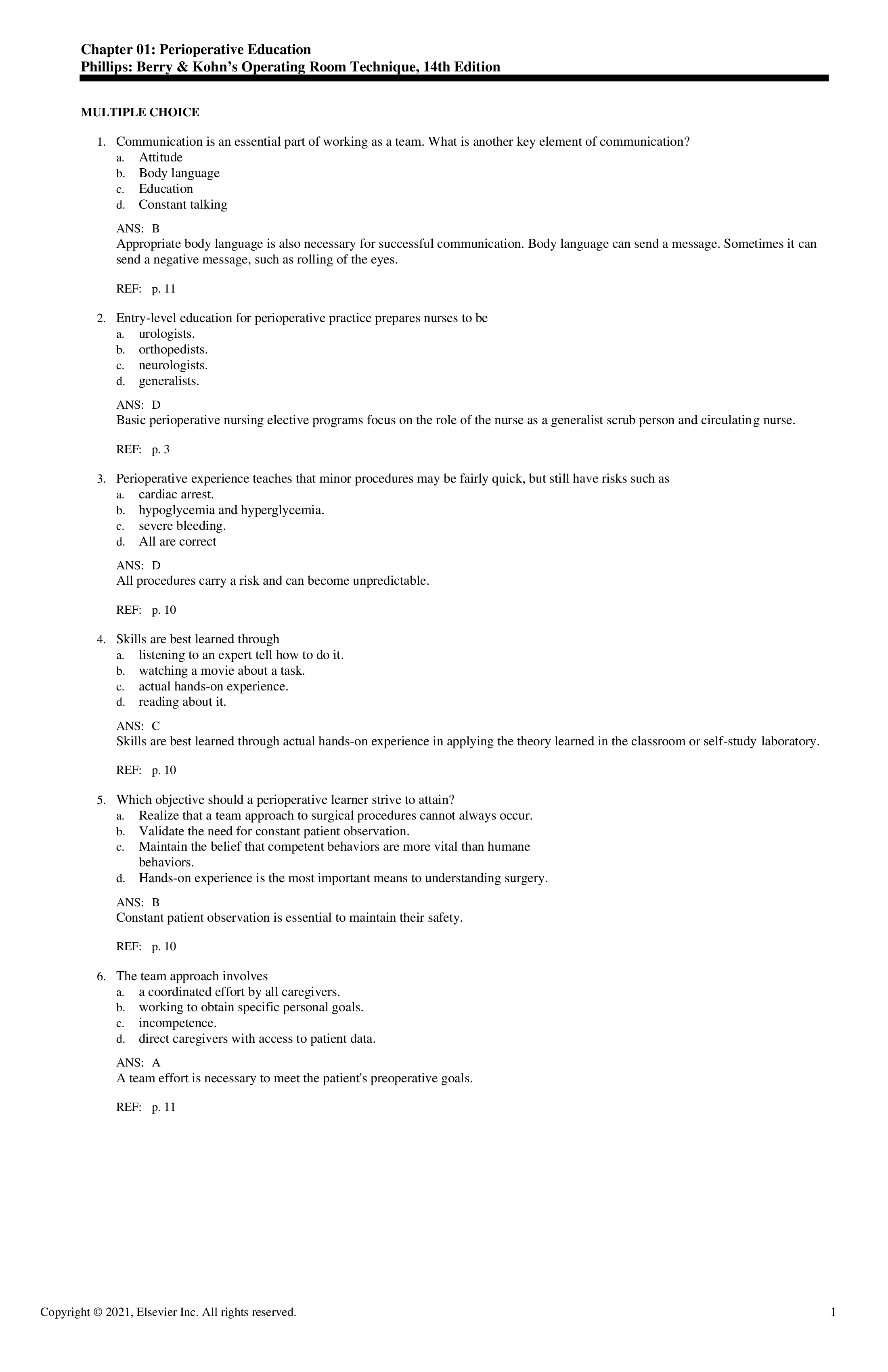 Test Bank for Berry and Kohns Operating Room Technique 14th Edition by Phillips