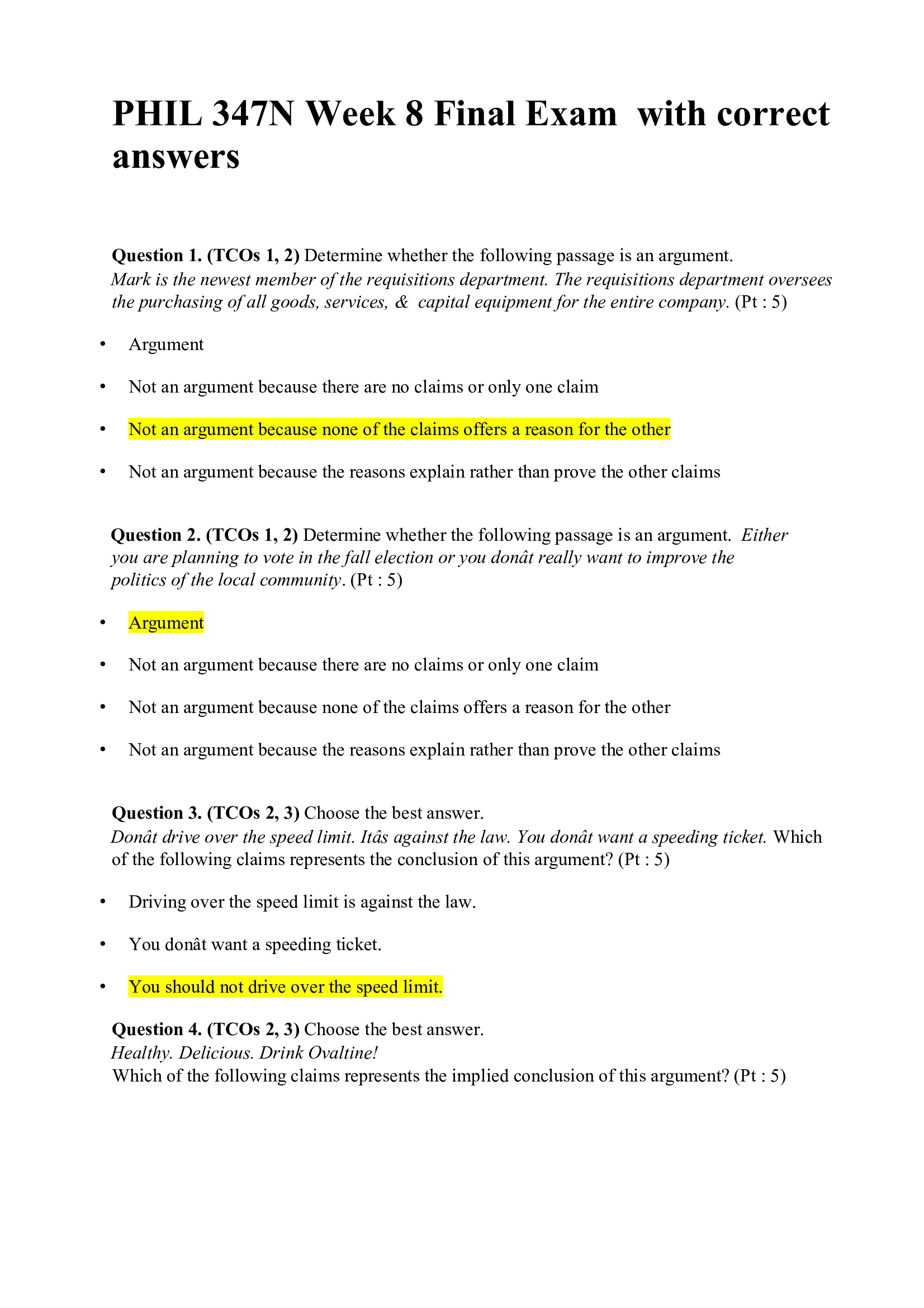 PHIL 347N Week 8 Final Exam  with correct answers