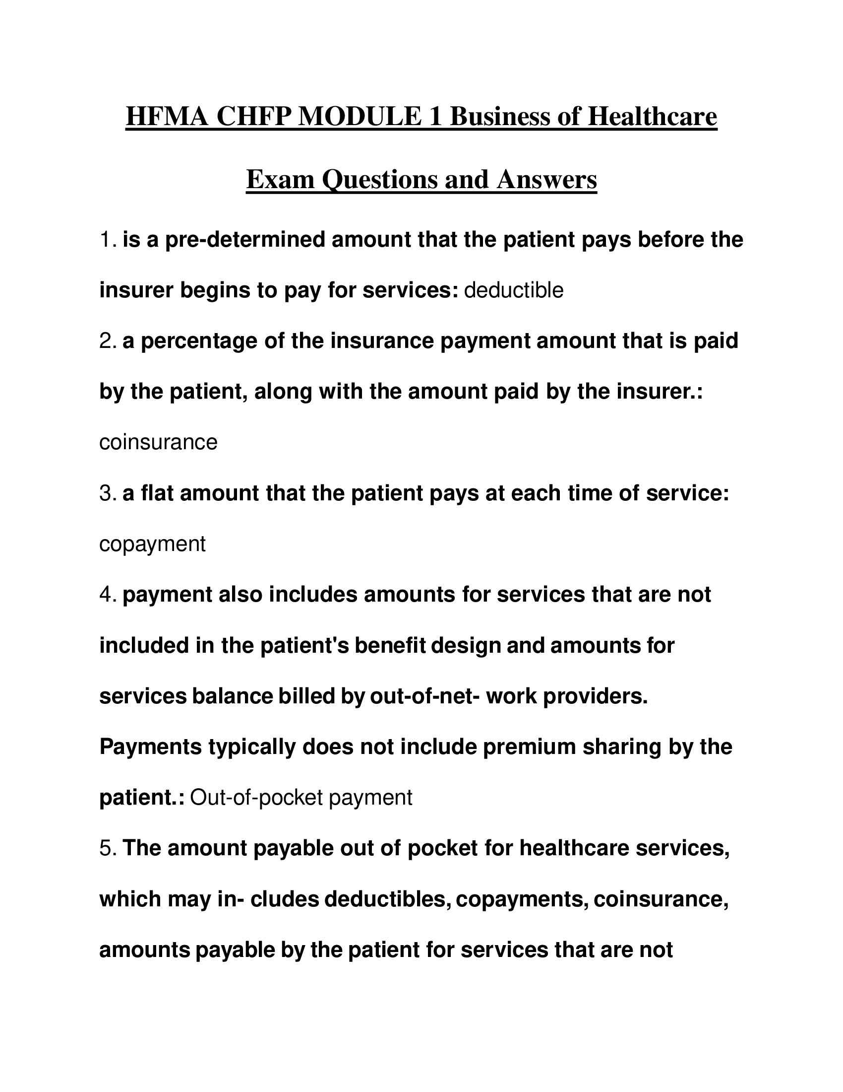 HFMA CHFP MODULE 1 Business of Healthcare Exam Questions and Answers