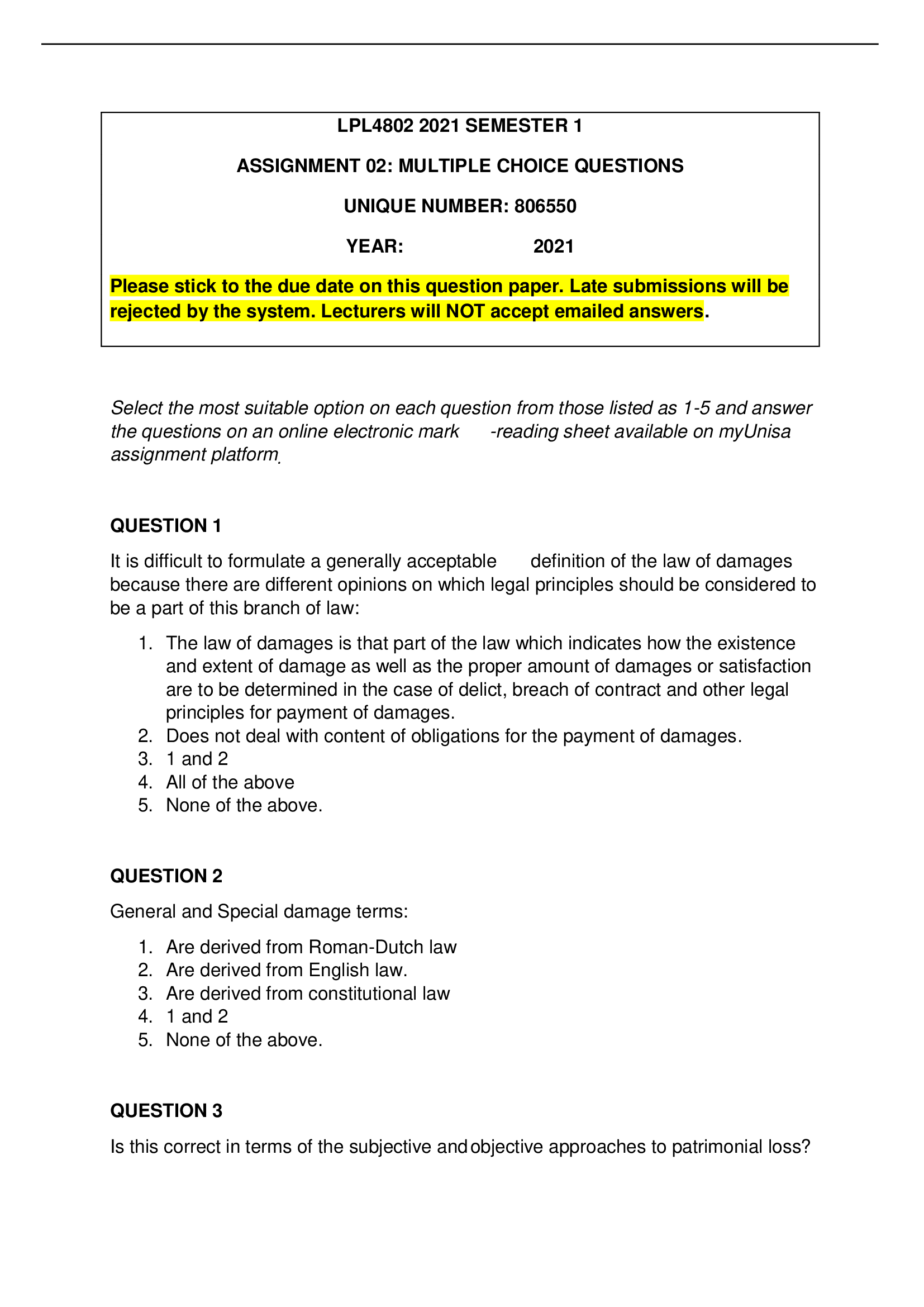 LPL 4802 - LAW OF DAMAGES - 2021 ASSIGNMENT 2