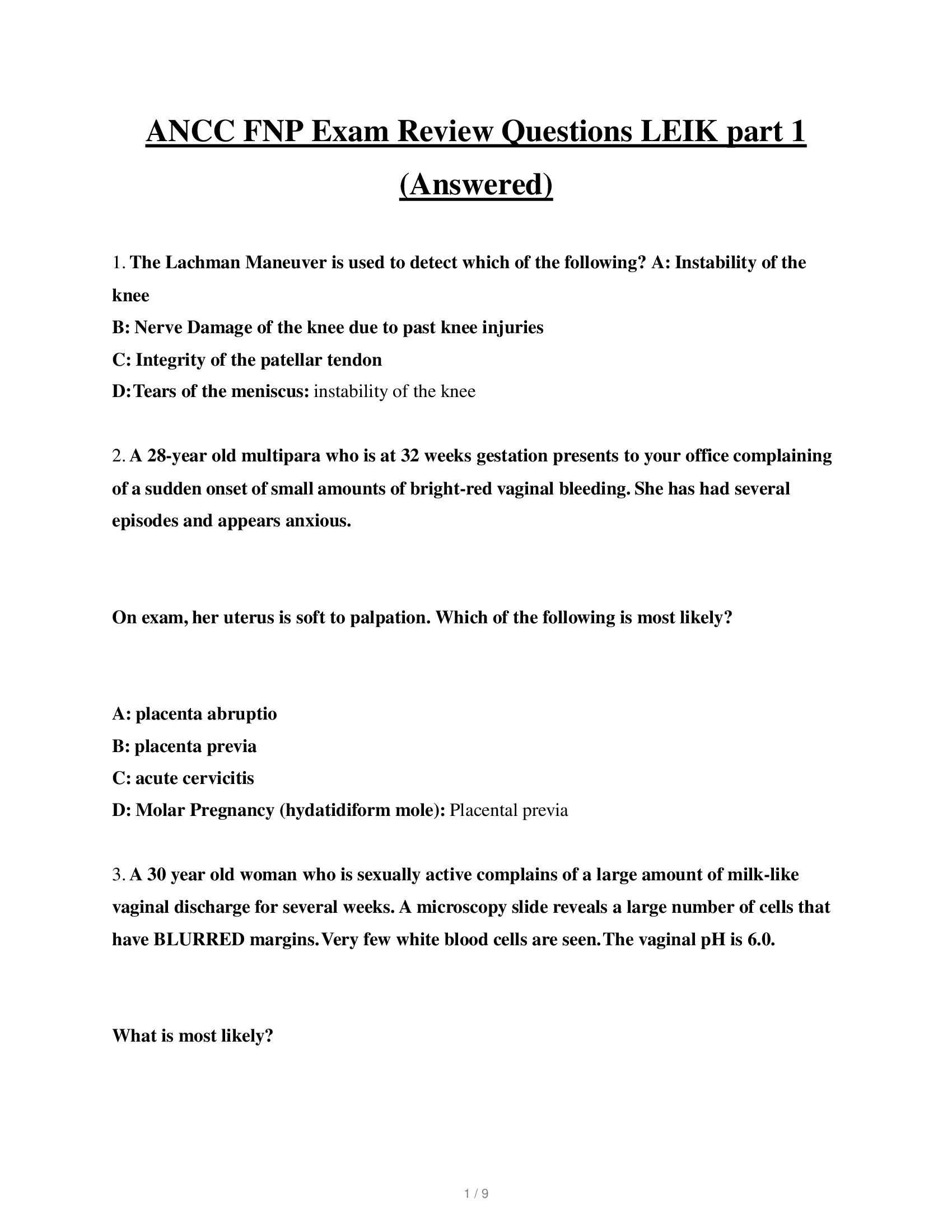 ANCC FNP Exam Review Questions LEIK part 1 (Answered)