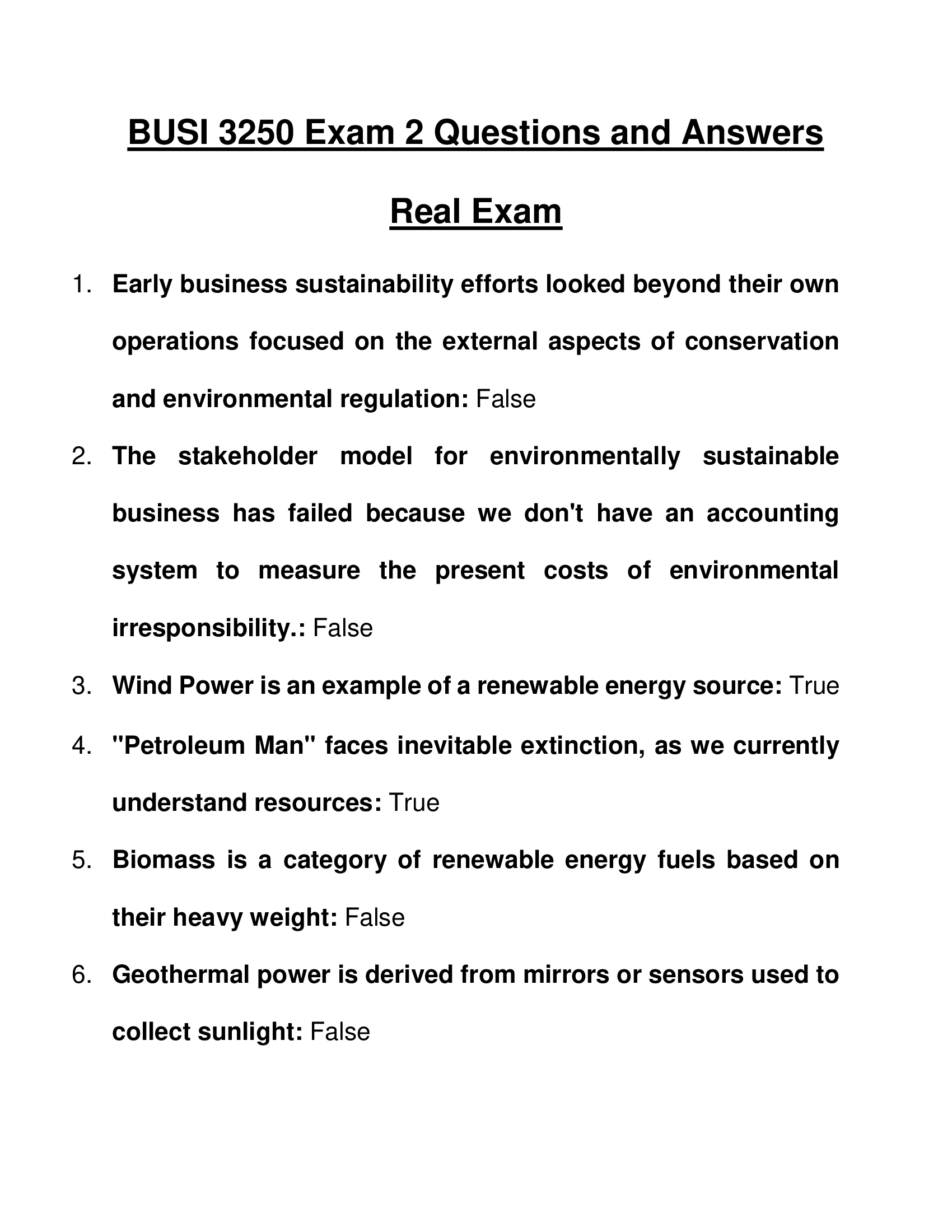 BUSI 3250 Exam 2 Questions and Answers Real Exam 2023