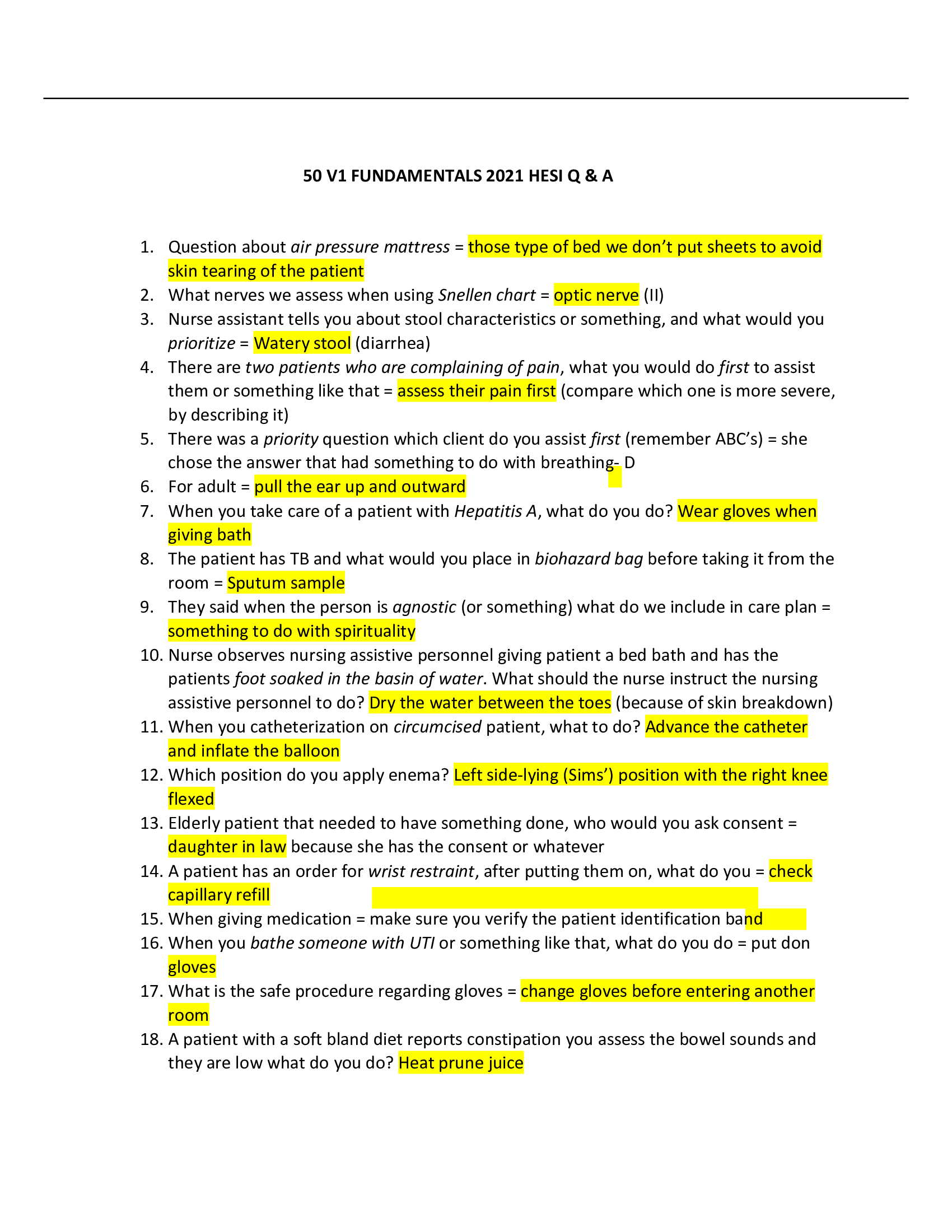 V1 FUNDAMENTALS 2021 HESI 50 Q and A
