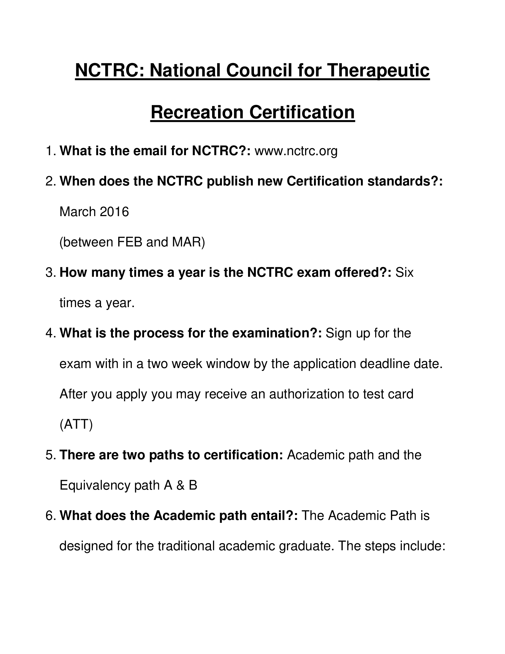 NCTRC National Council for Therapeutic Recreation Certification Final Real Exam Answered