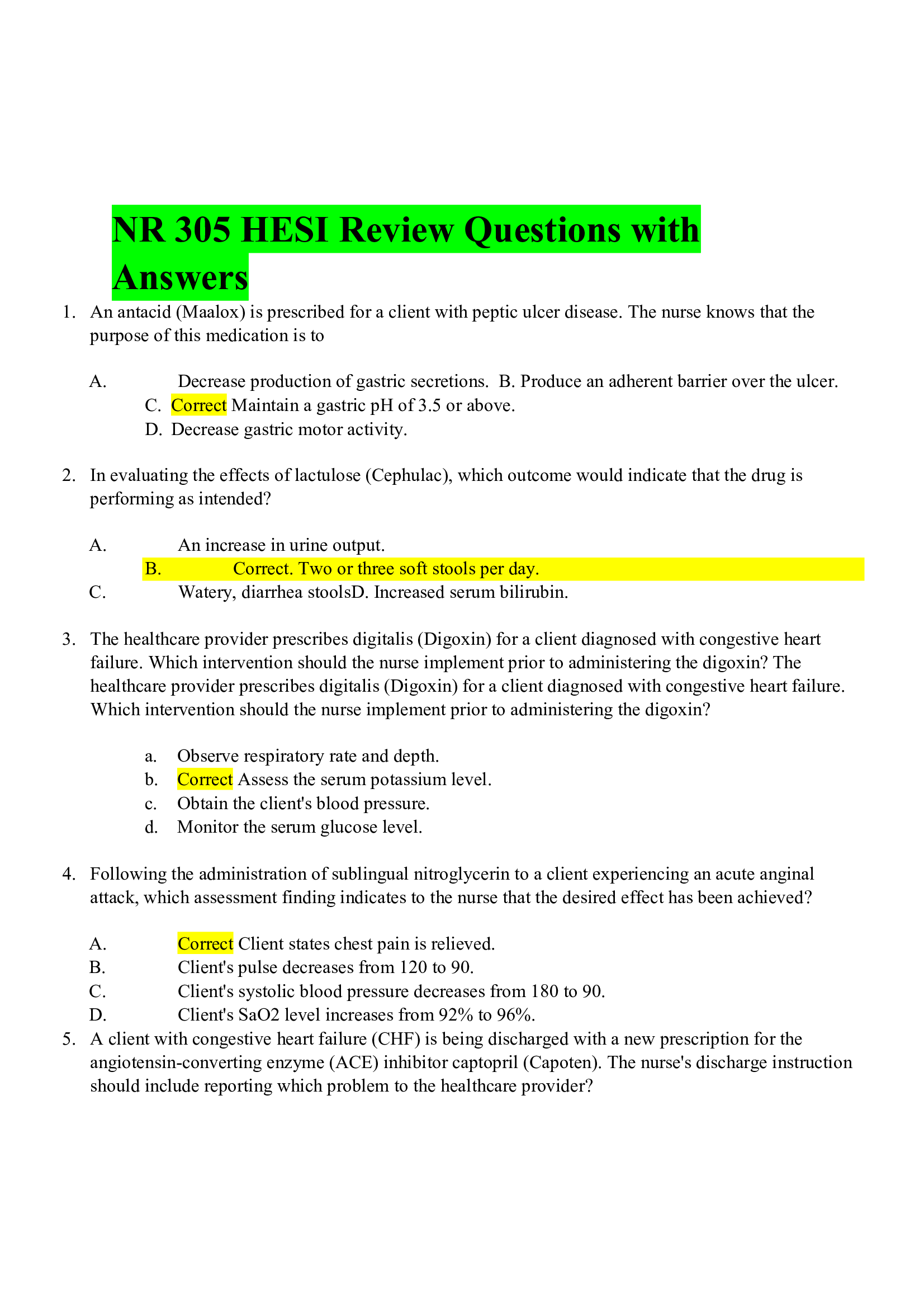 NR 305 HESI Review Questions with Answers 2021