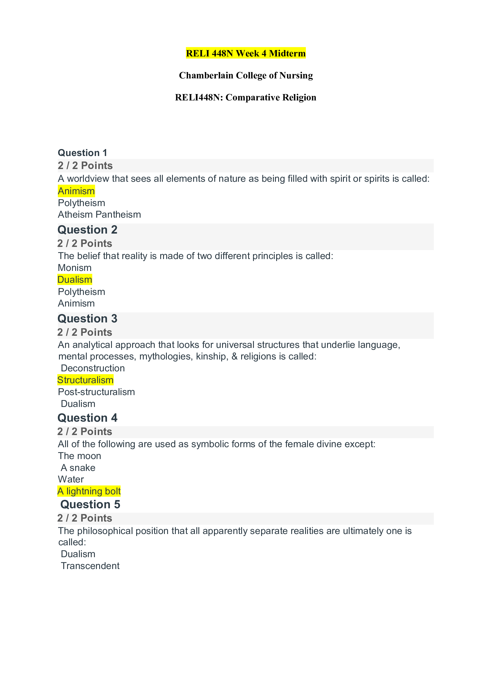 RELI 448N Week 4 Midterm Chamberlain College of Nursing  Comparative Religion 2021