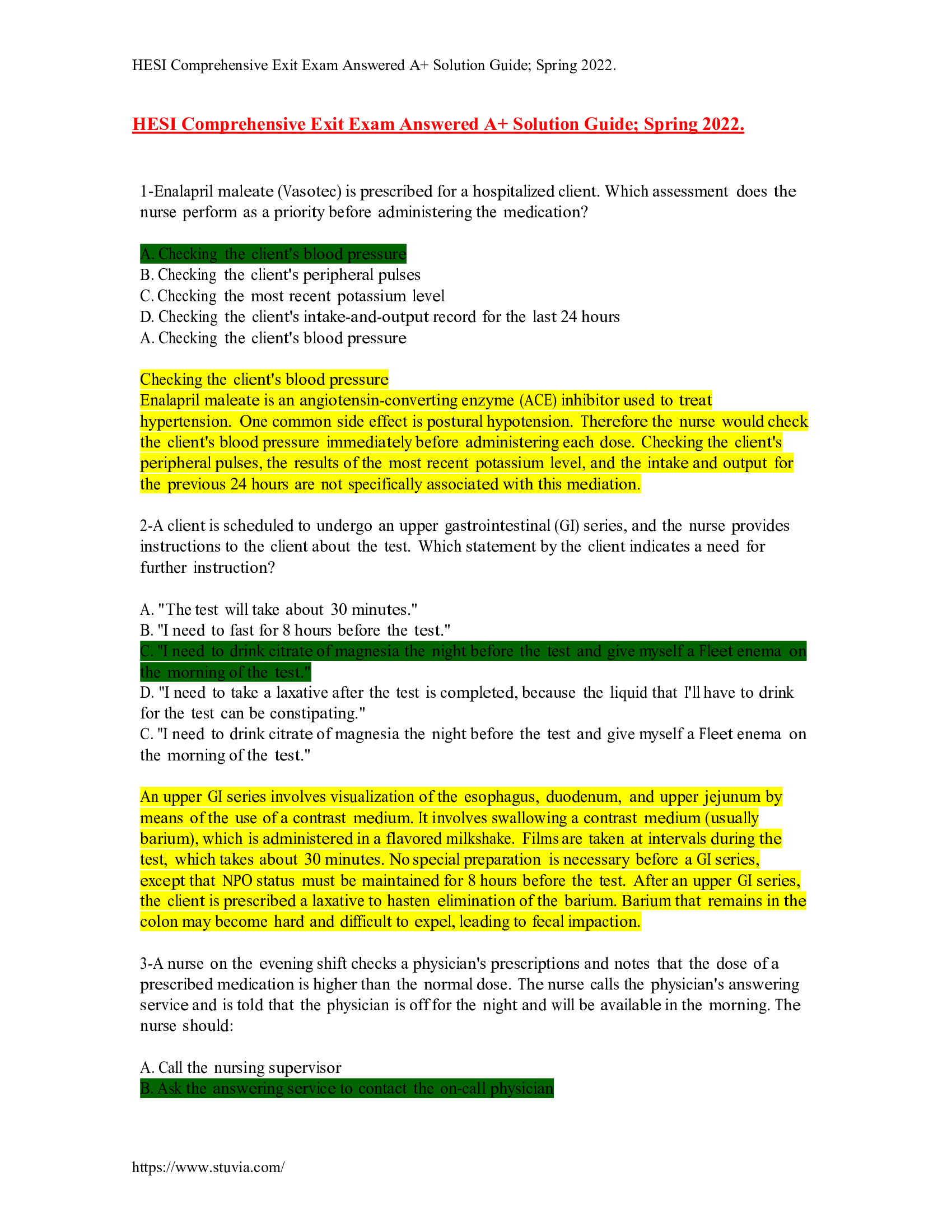 HESI Comprehensive Exit Exam Answered A+ Solution Guide; Spring 2022.