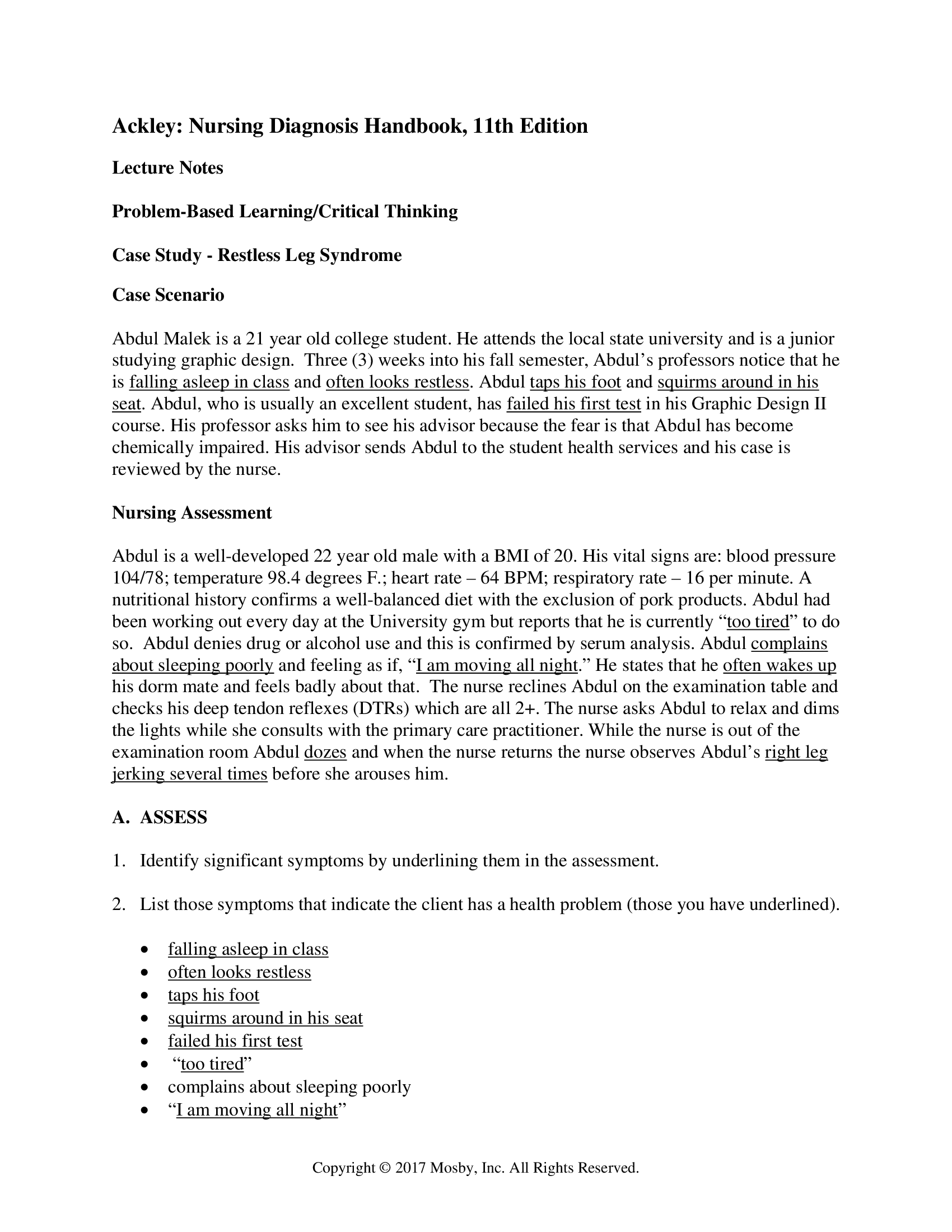 Case Study Answers for Nursing Diagnosis Handbook 11th Edition by Ackley