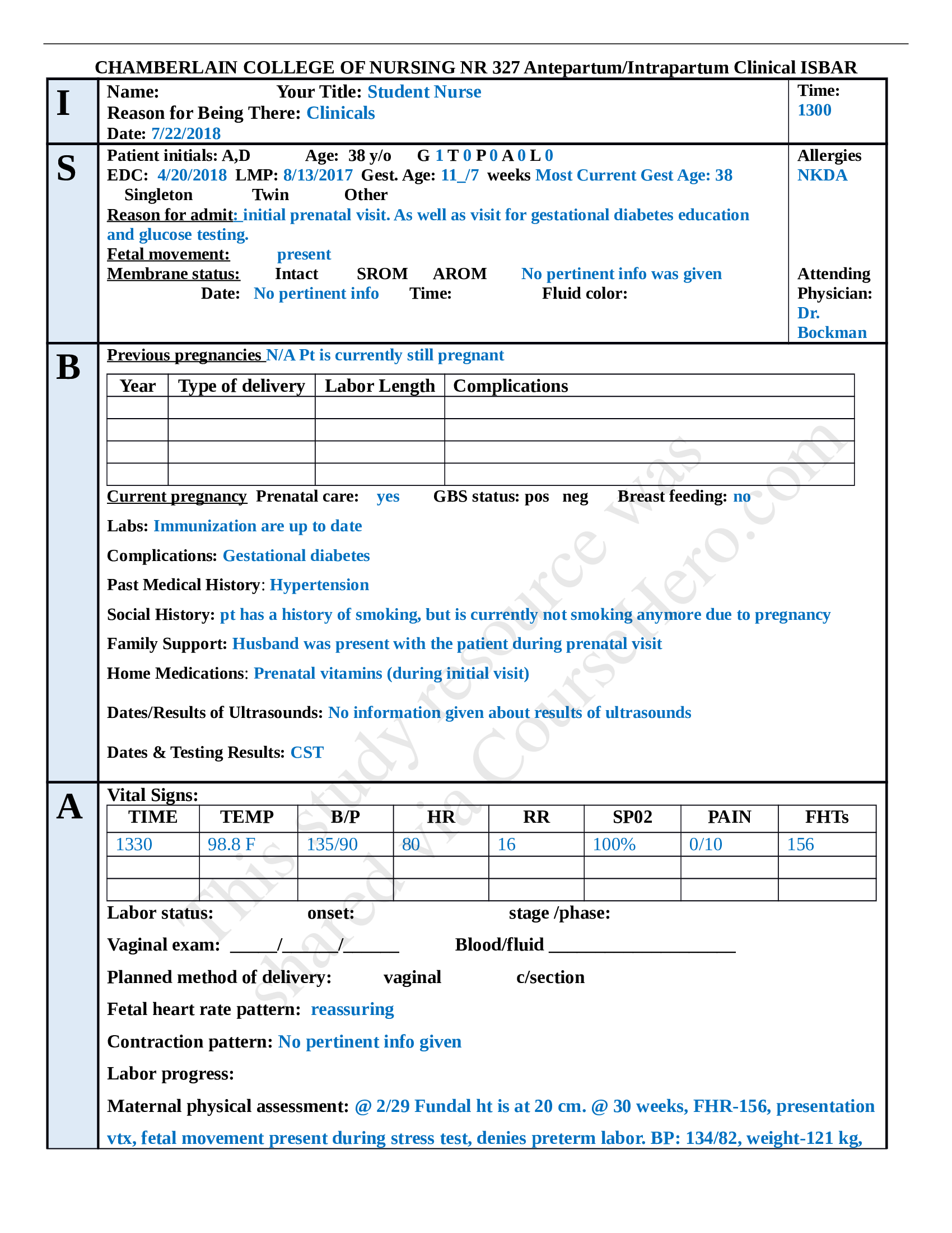 NR 327 ISBAR Gestational Diabetes: Chamberlain College